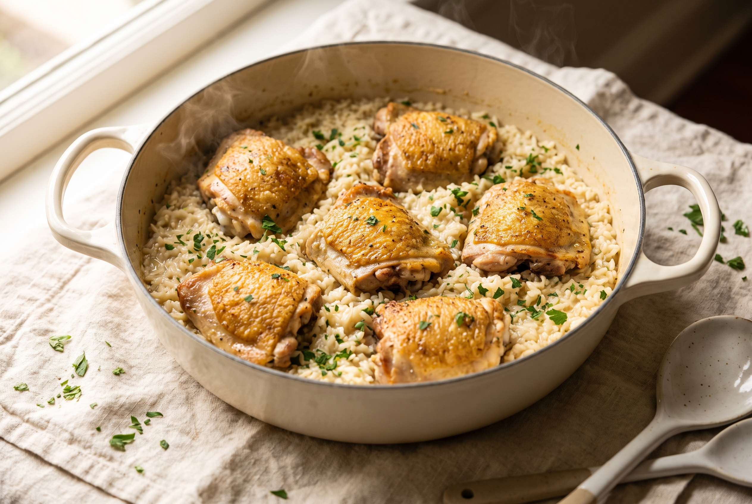 One pot creamy chicken and rice — golden seared chicken thighs nestled in creamy parmesan rice with parsley in a Dutch oven, an easy 45-minute dinner recipe
