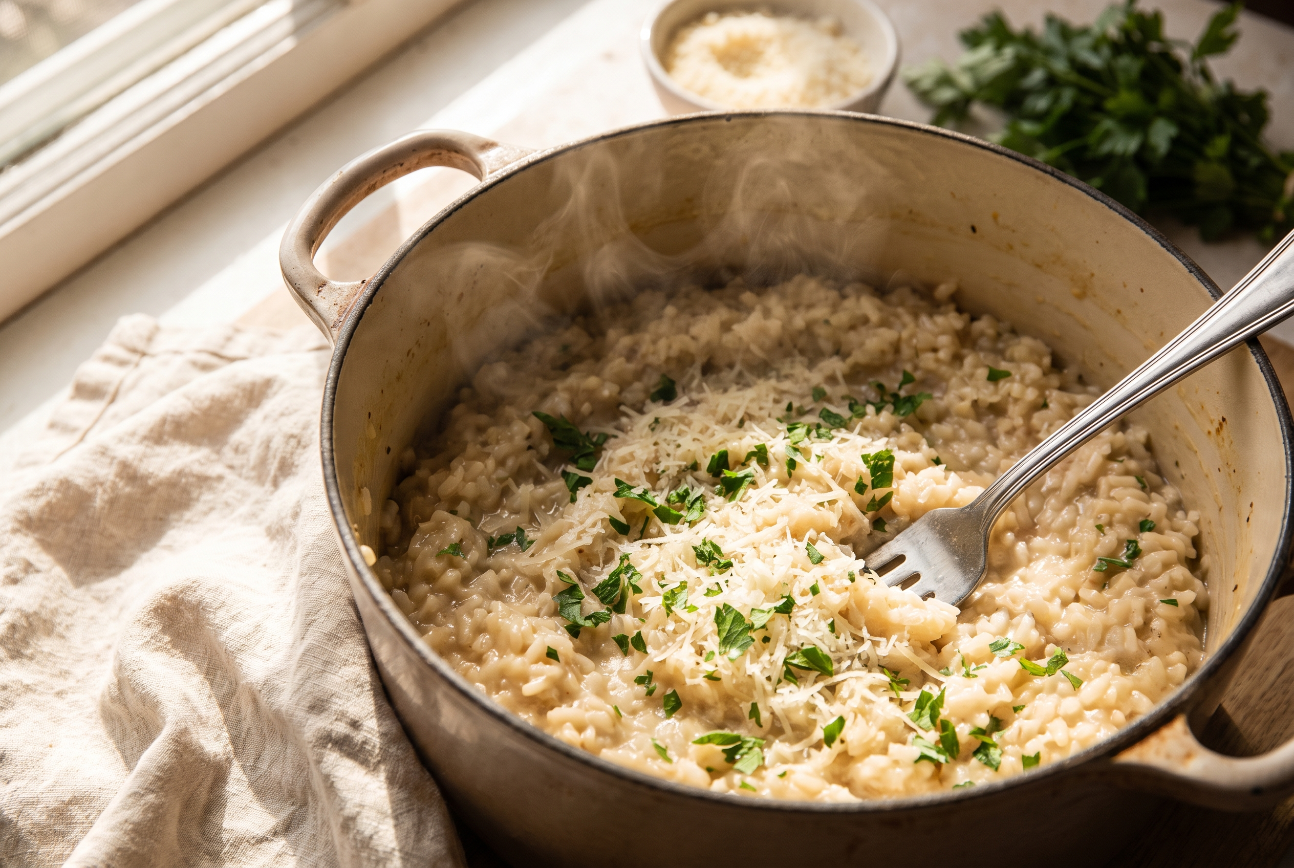 Grated parmesan and chopped parsley being stirred into finished creamy rice in a Dutch oven, fork fluffing the grains