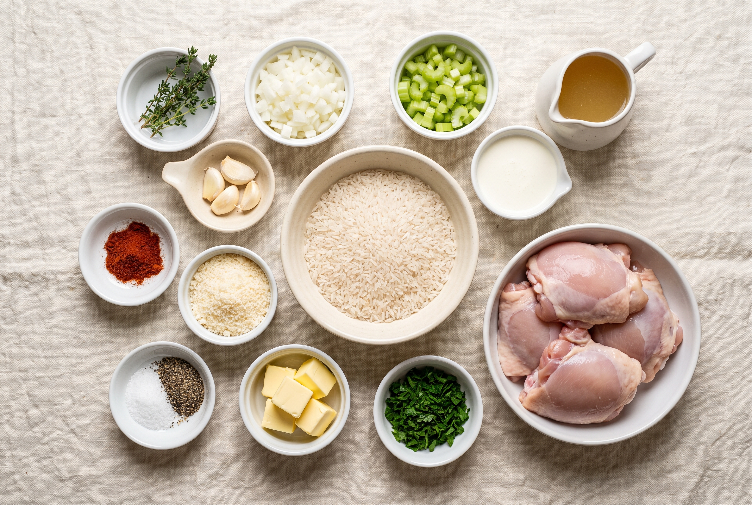 Ingredients for one pot creamy chicken and rice portioned into small bowls — chicken thighs, long grain rice, chicken broth, heavy cream, parmesan, onion, celery, garlic, butter, thyme, smoked paprika and parsley