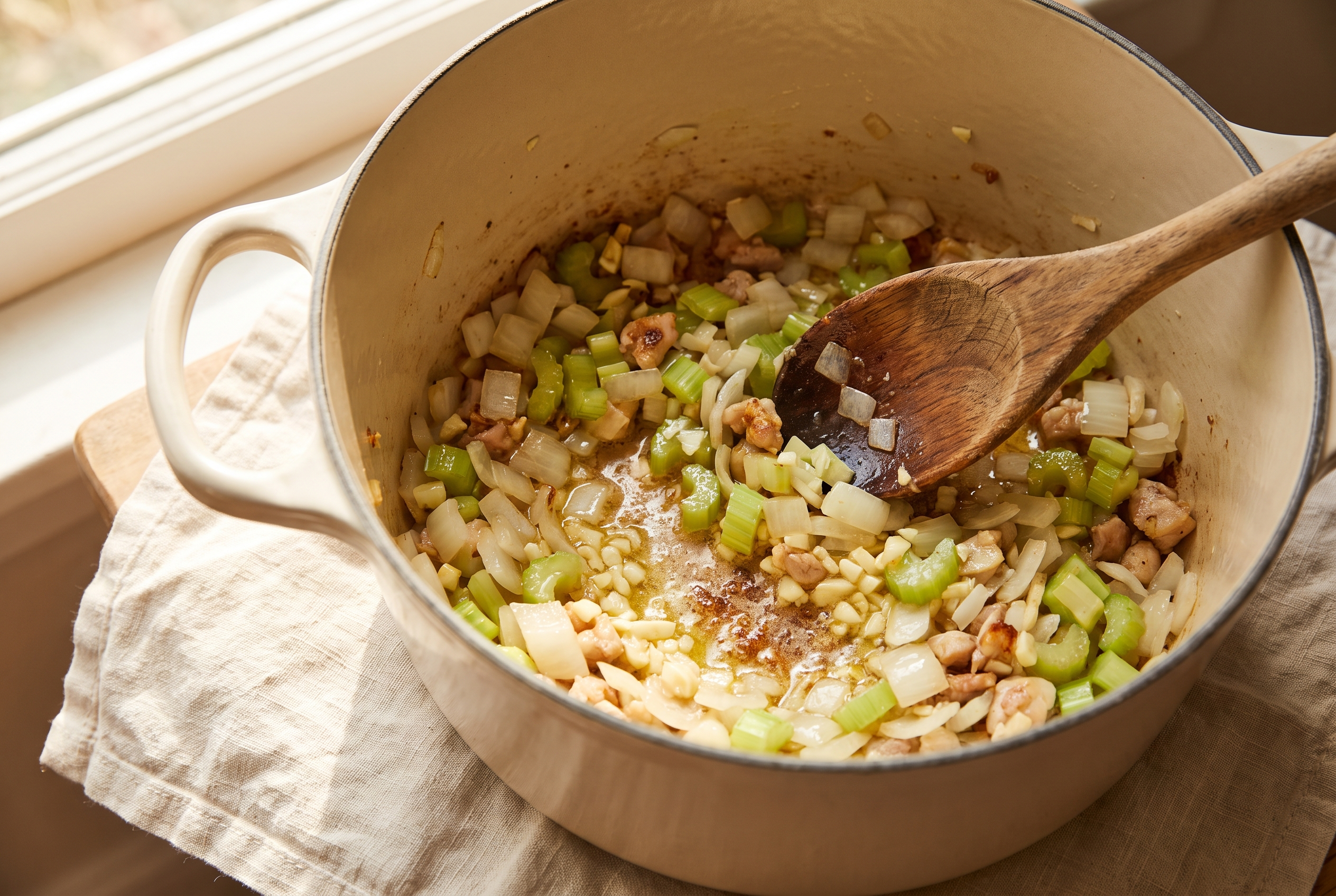 Diced onion, celery and garlic softening in butter and chicken drippings in a Dutch oven, wooden spoon stirring
