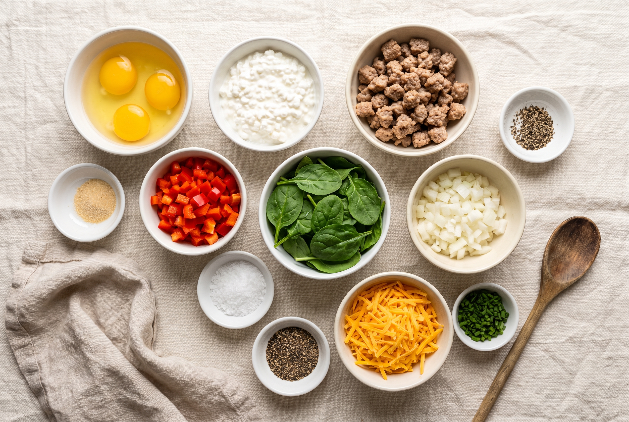 Ingredients for cottage cheese breakfast casserole in small bowls — eggs, cottage cheese, turkey breakfast sausage, red bell pepper, spinach, onion, shredded cheddar, chives and seasoning