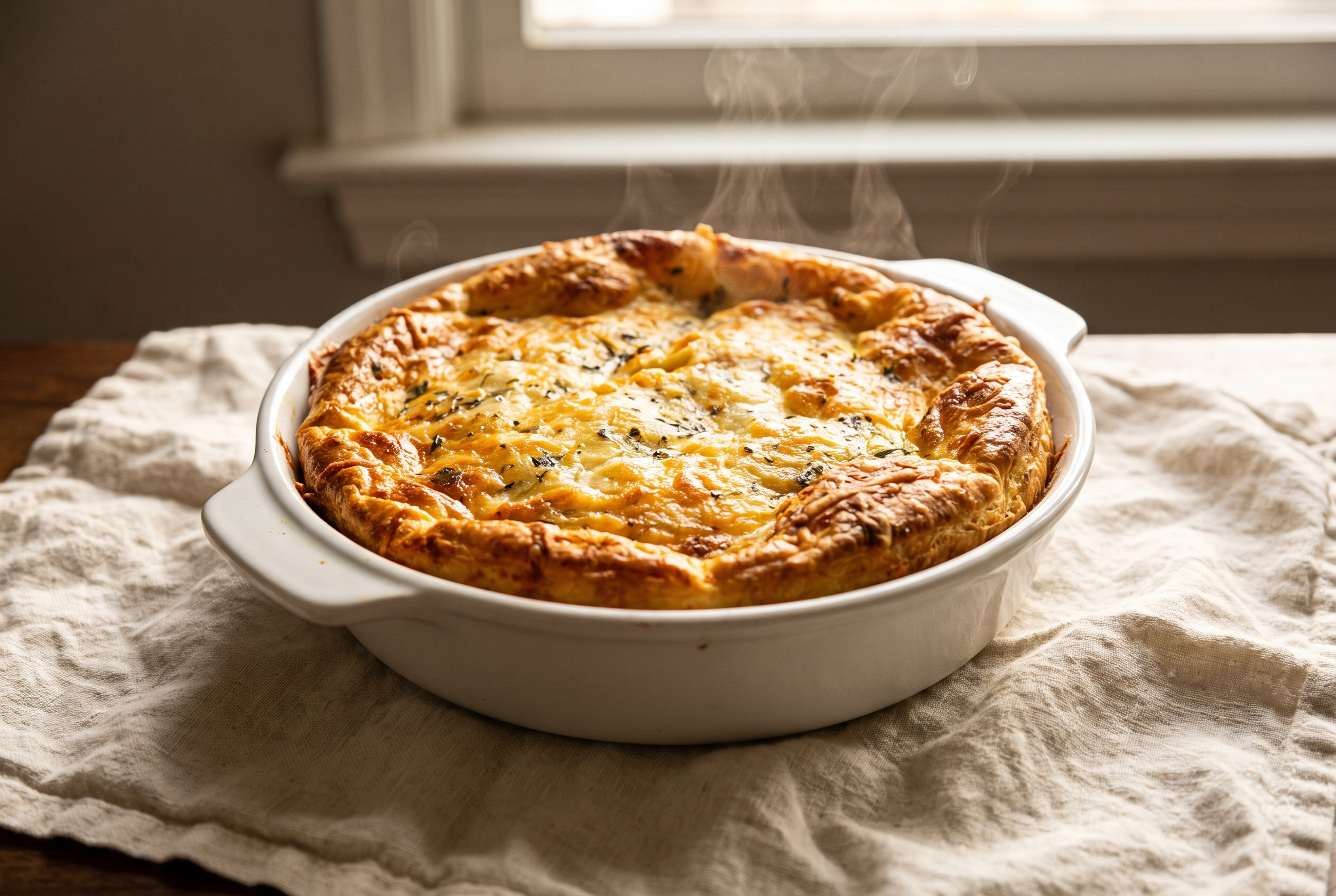 A fully baked puffed golden cottage cheese breakfast casserole just out of the oven in a white ceramic baking dish