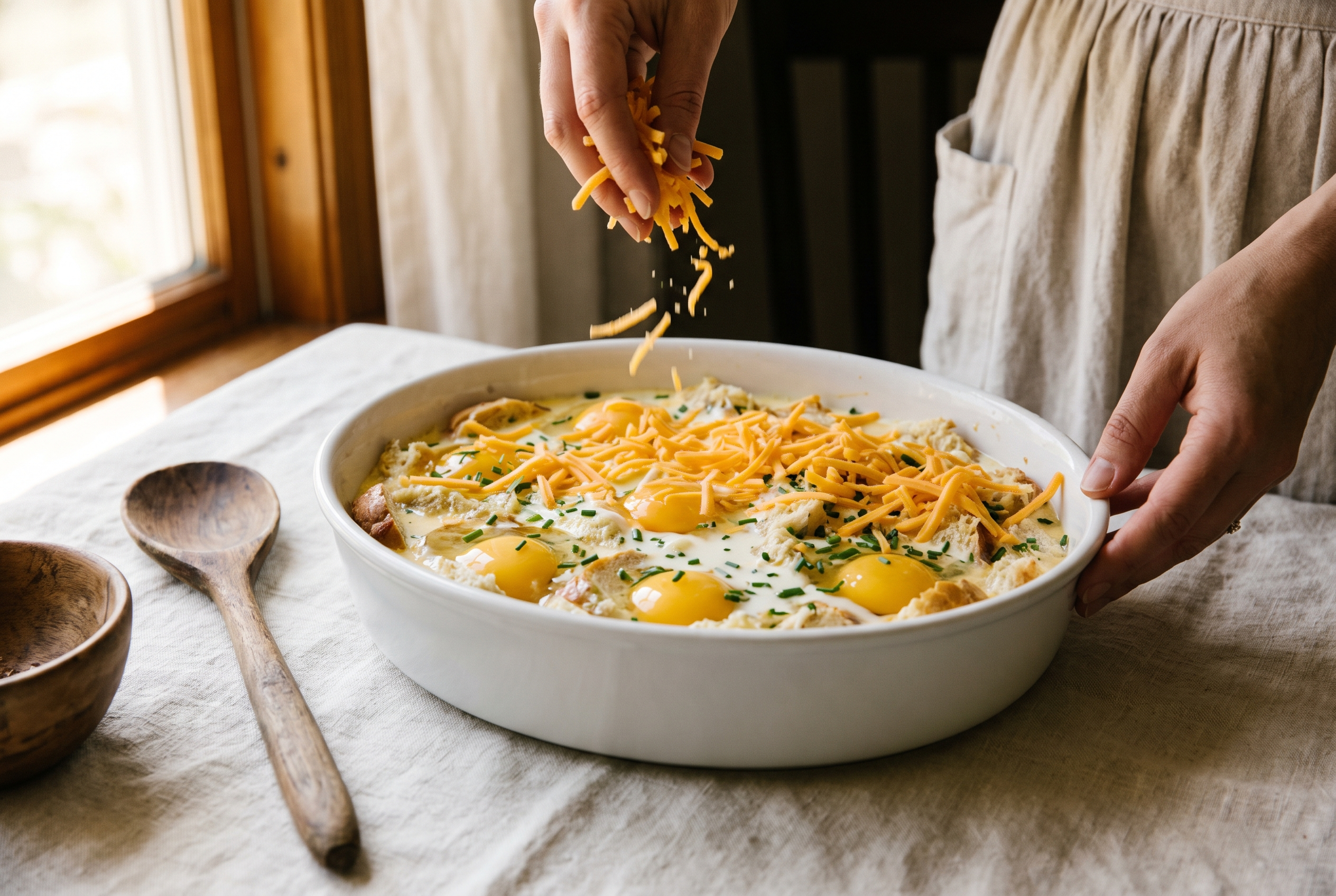 Shredded cheddar being scattered over an unbaked cottage cheese breakfast casserole in a white baking dish