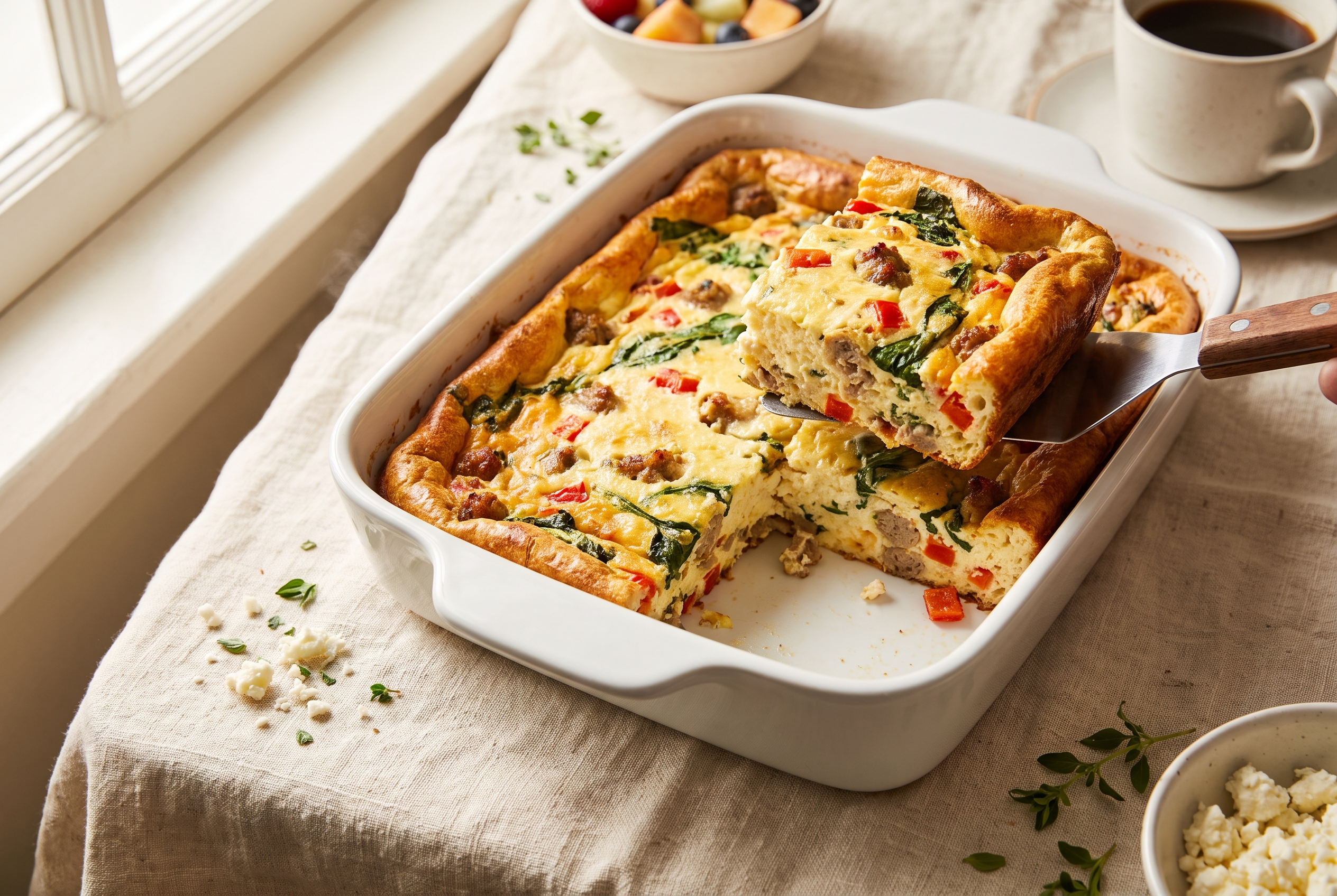 Cottage cheese breakfast casserole — a puffed golden crustless egg bake with turkey sausage, red pepper and spinach in a white baking dish, an easy high protein make-ahead breakfast