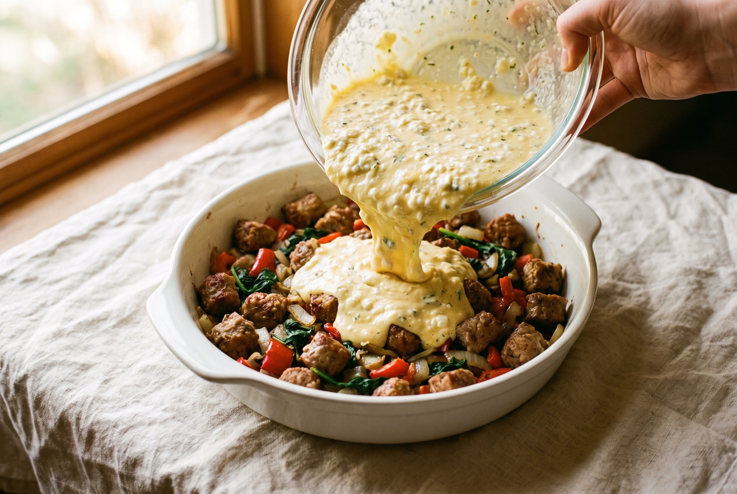 Creamy egg and cottage cheese mixture being poured over sausage and vegetables in a white ceramic baking dish