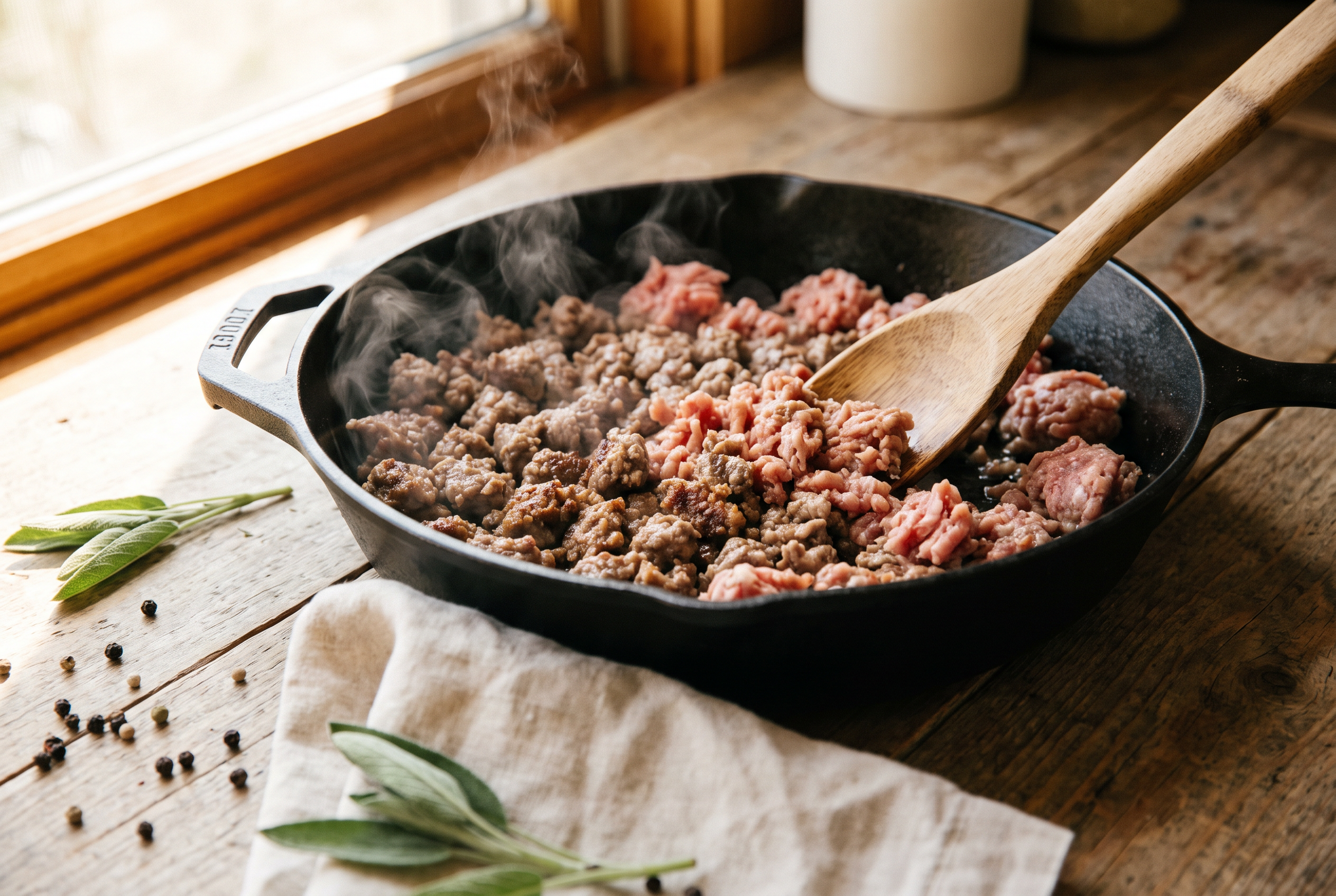 Ground turkey breakfast sausage browning and being crumbled with a wooden spoon in a skillet for a high protein breakfast casserole