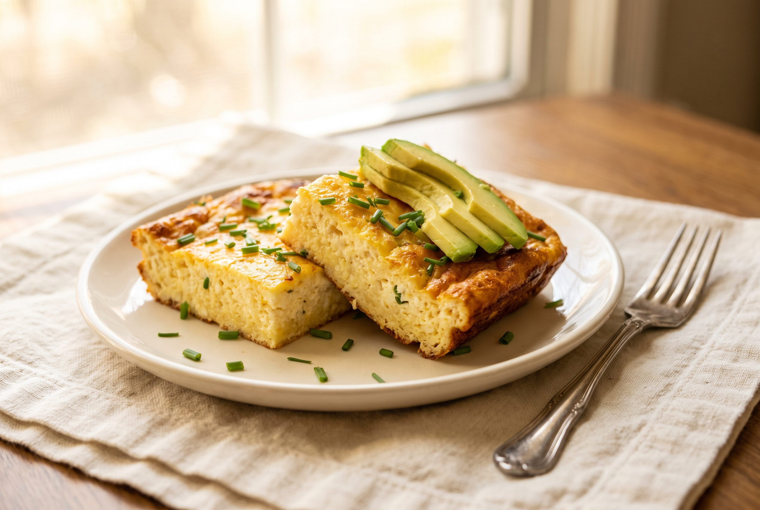 Two squares of cottage cheese breakfast casserole plated with fresh chives and sliced avocado on a cream plate