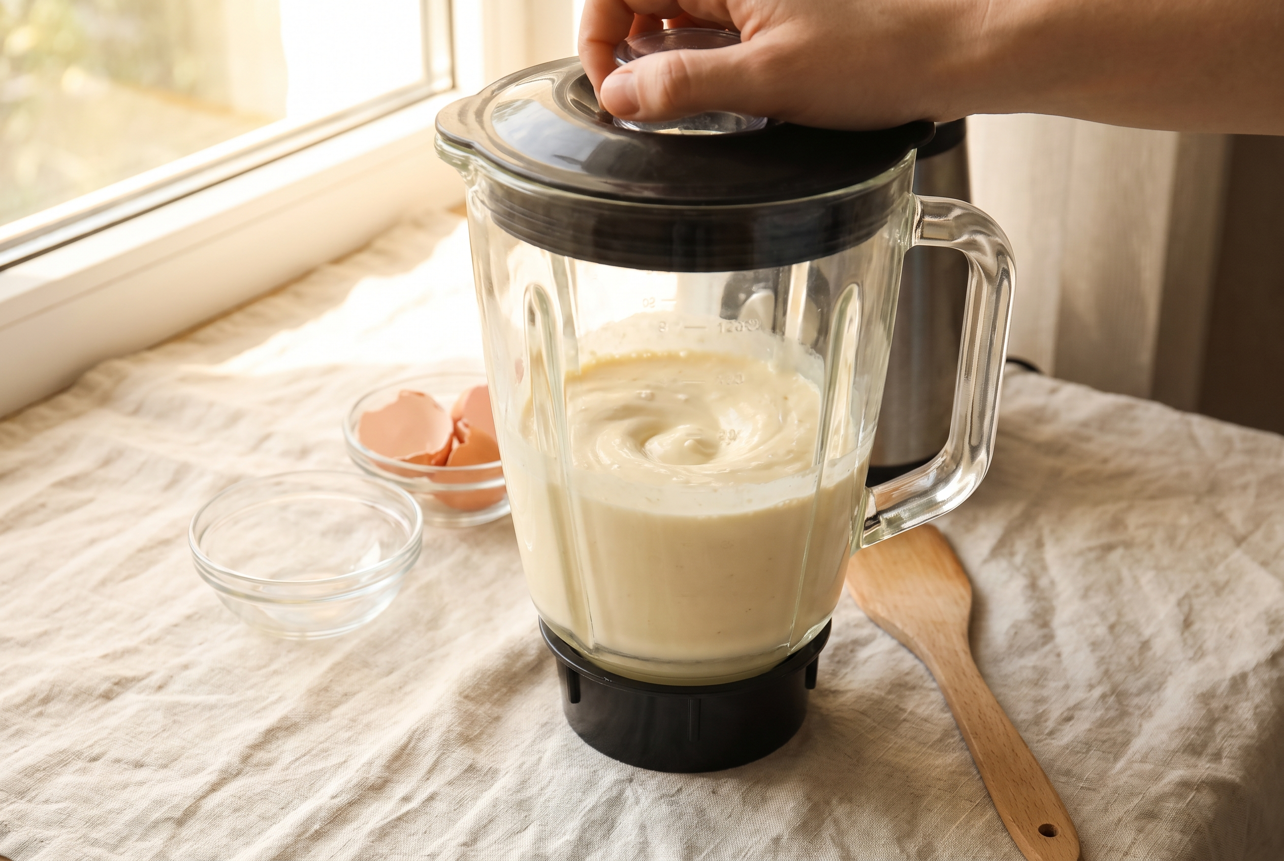 Eggs and cottage cheese being blended smooth into a pale creamy custard in a blender jug for a breakfast casserole