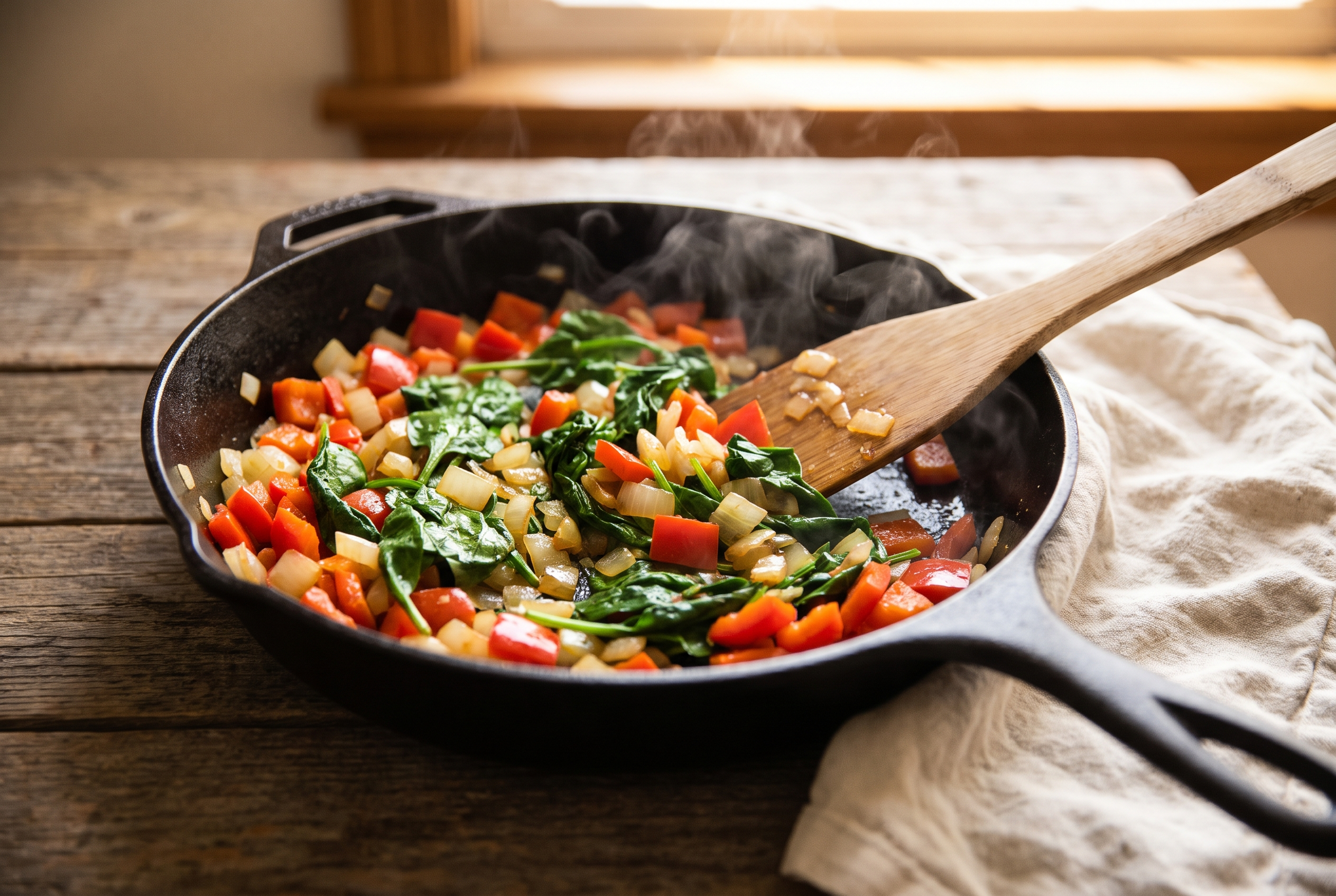 Diced red bell pepper, onion and fresh spinach wilting in a skillet for a cottage cheese egg casserole