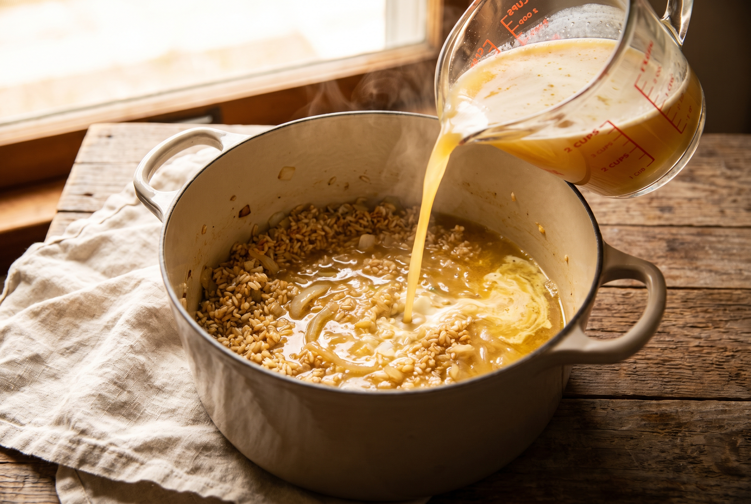 Chicken broth and cream being poured from a measuring jug into a Dutch oven of toasted rice for a creamy one pan dinner