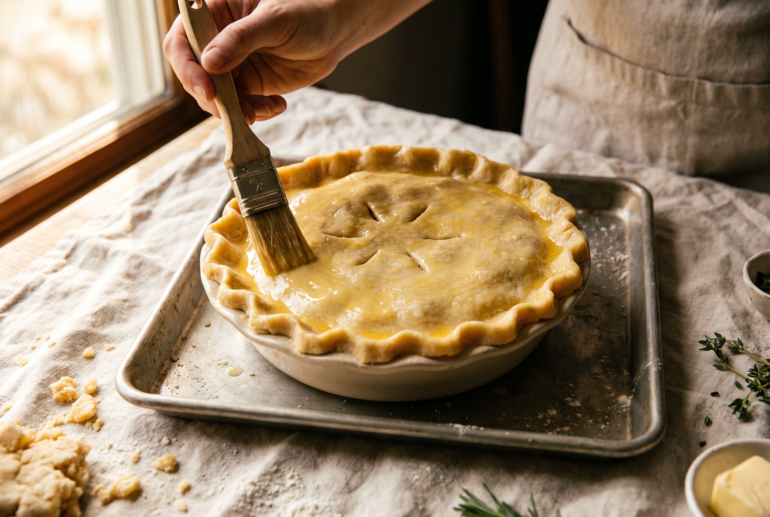Egg wash being brushed onto the crimped crust of an unbaked chicken pot pie with vents cut in the center