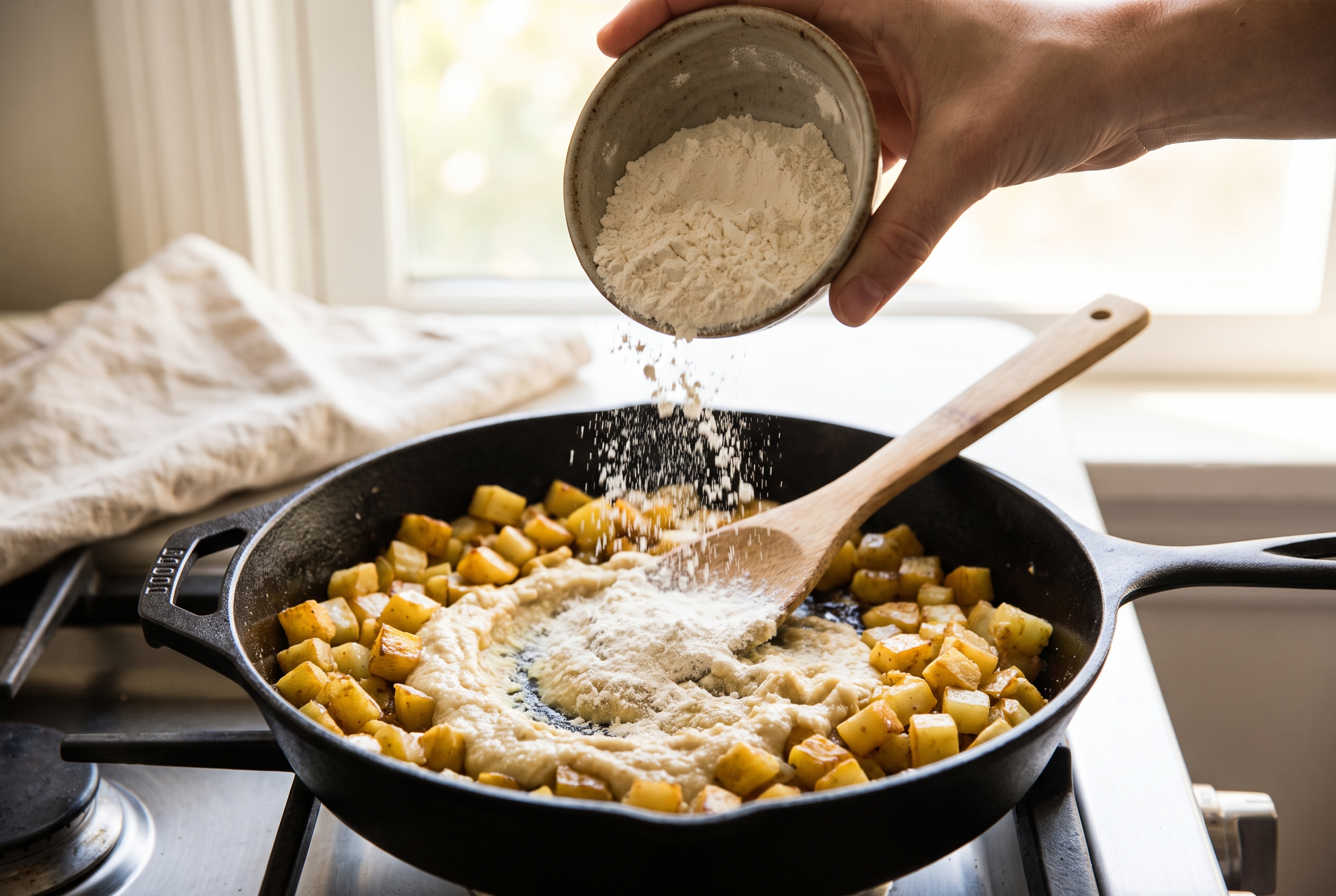 Flour being sprinkled over buttery vegetables in a skillet to make the roux for chicken pot pie