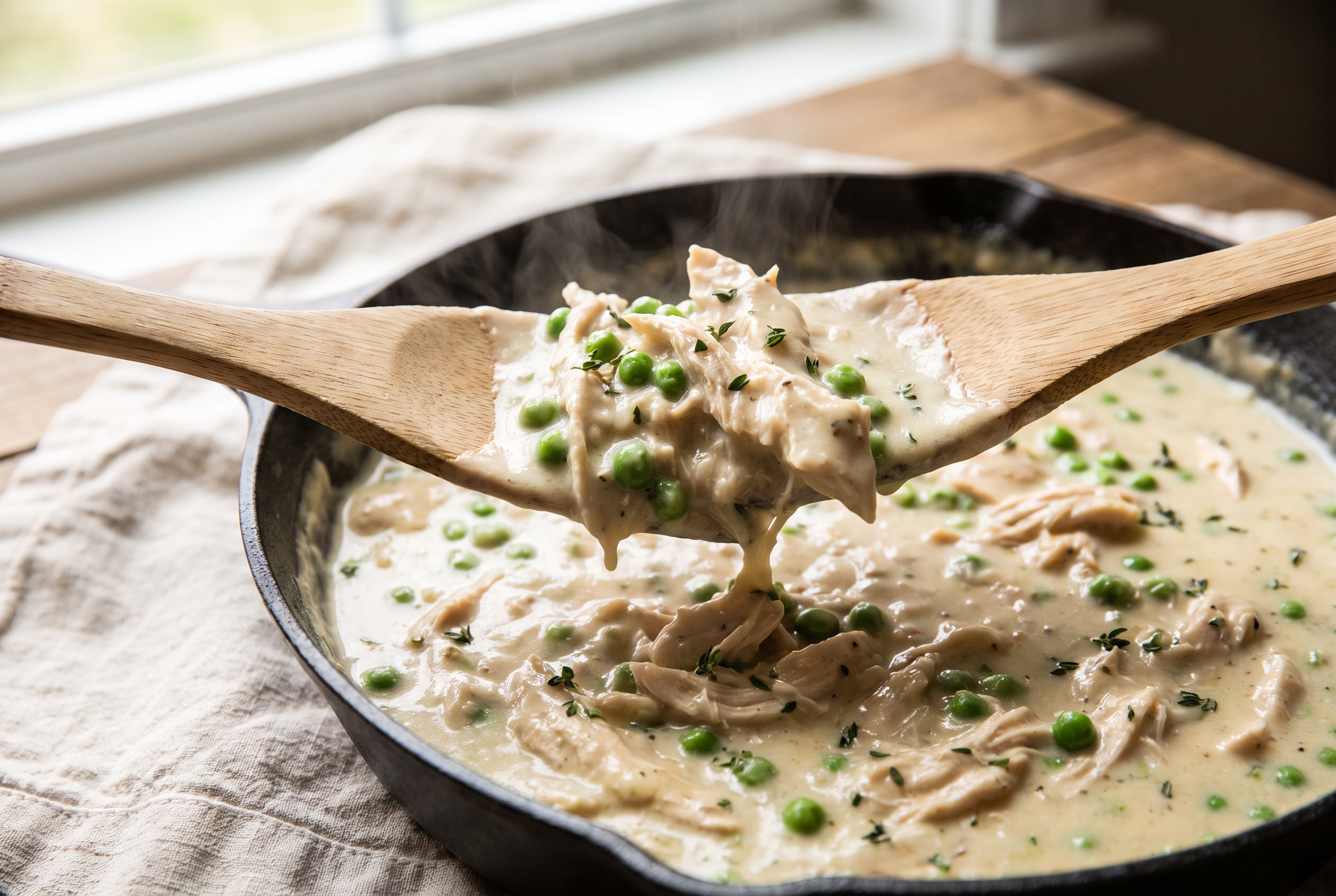 Shredded chicken and green peas being folded into thick creamy chicken pot pie filling