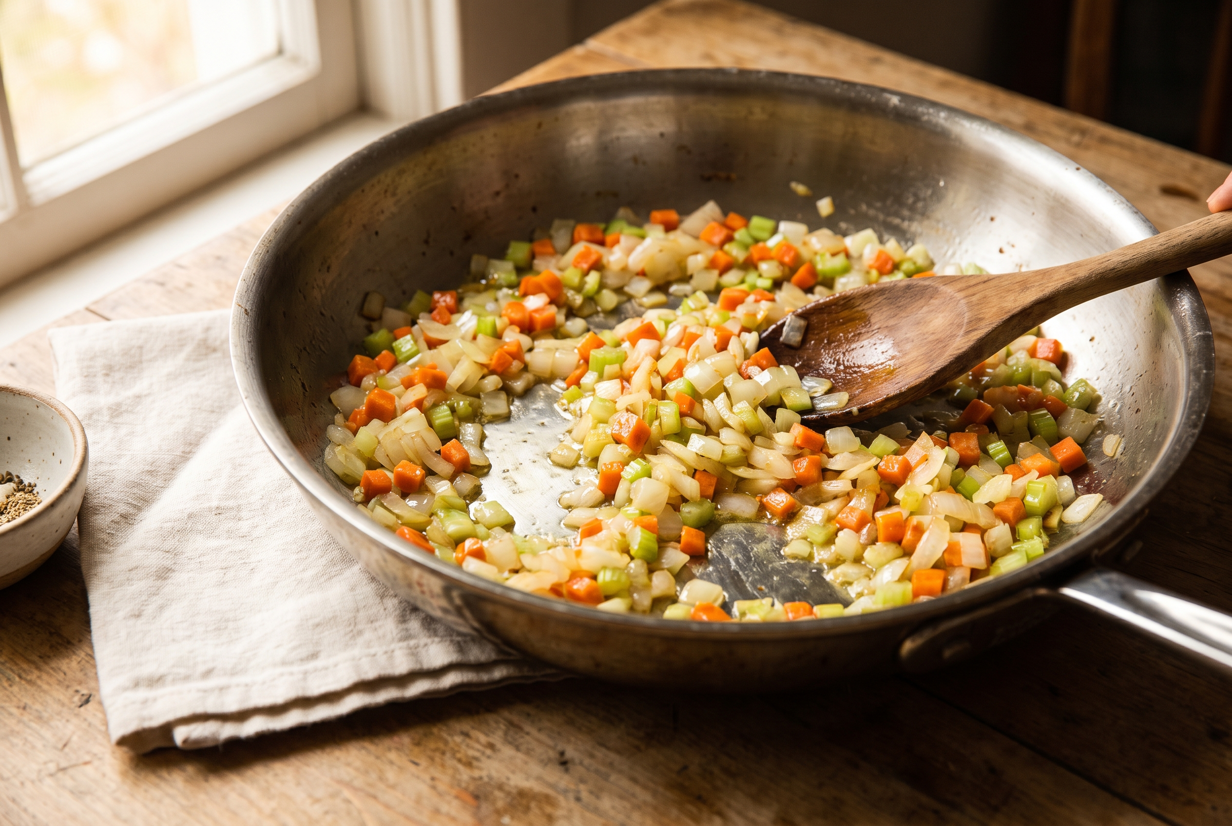 Diced onion, carrots and celery softening in butter in a skillet for chicken pot pie filling