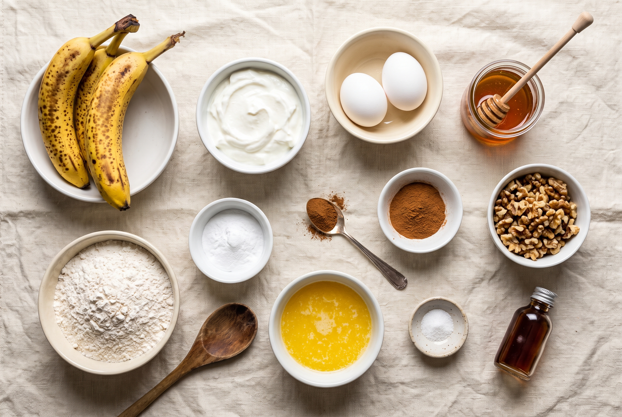 Ingredients for greek yogurt banana bread portioned into small bowls — ripe bananas, greek yogurt, eggs, honey, flour, baking soda, cinnamon, vanilla, melted butter and walnuts