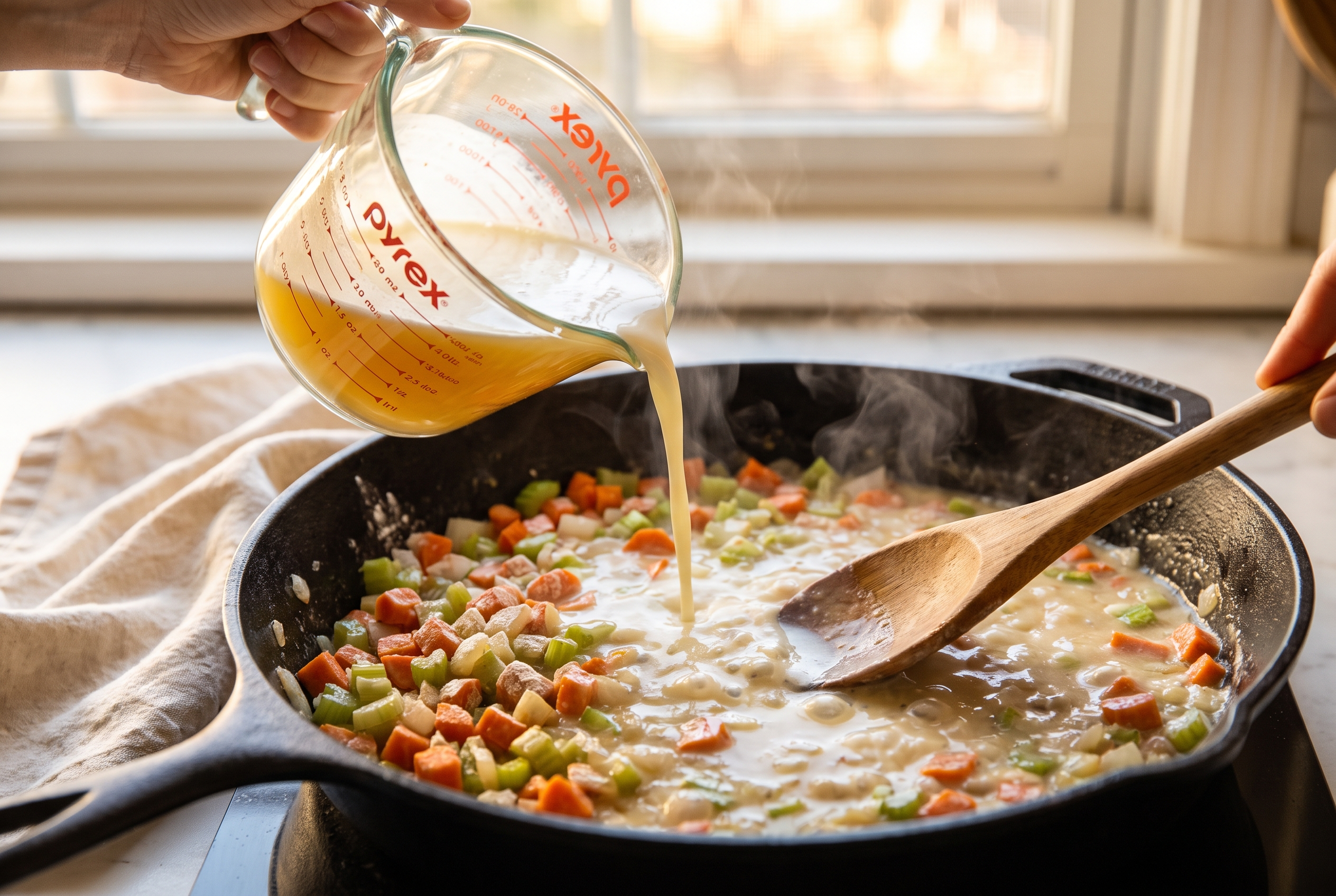 Chicken broth and cream being poured into the skillet, thickening into a glossy gravy for pot pie filling