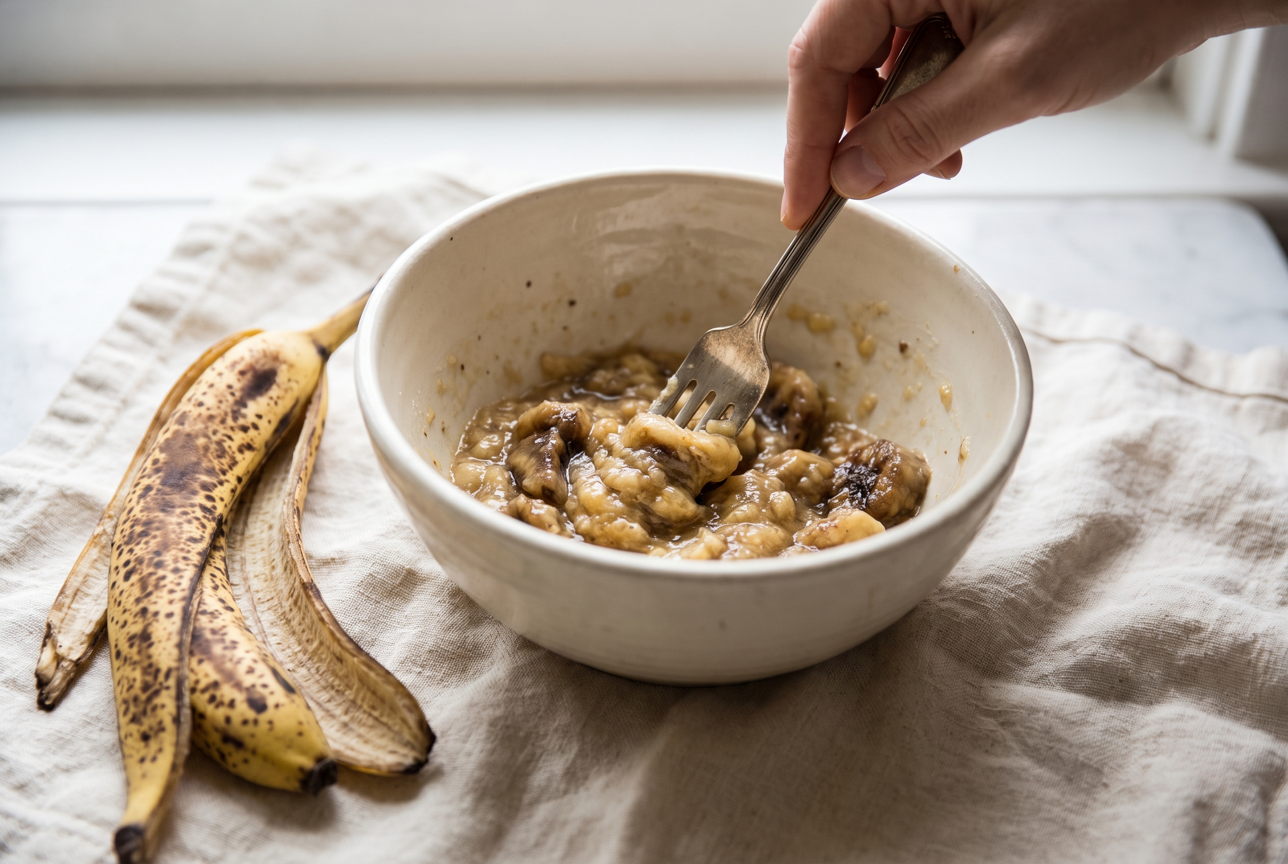 Very ripe bananas being mashed with a fork in a cream bowl for greek yogurt banana bread