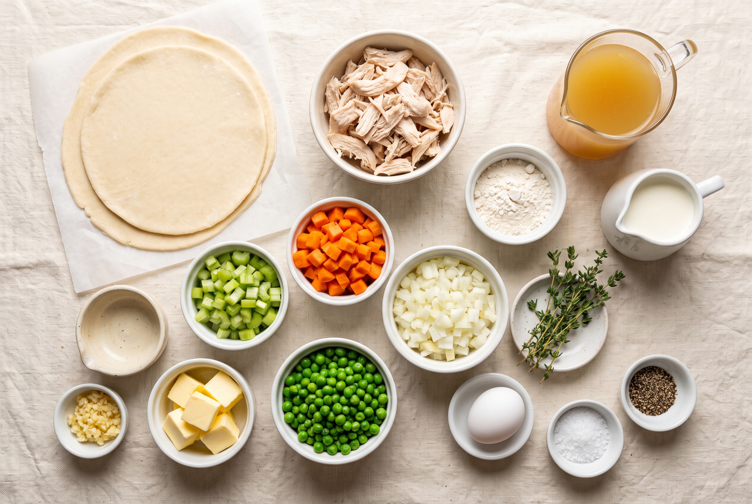 Ingredients for homemade chicken pot pie portioned into small bowls — pie dough, shredded chicken, carrots, celery, onion, peas, butter, flour, chicken broth, cream, thyme, garlic and an egg