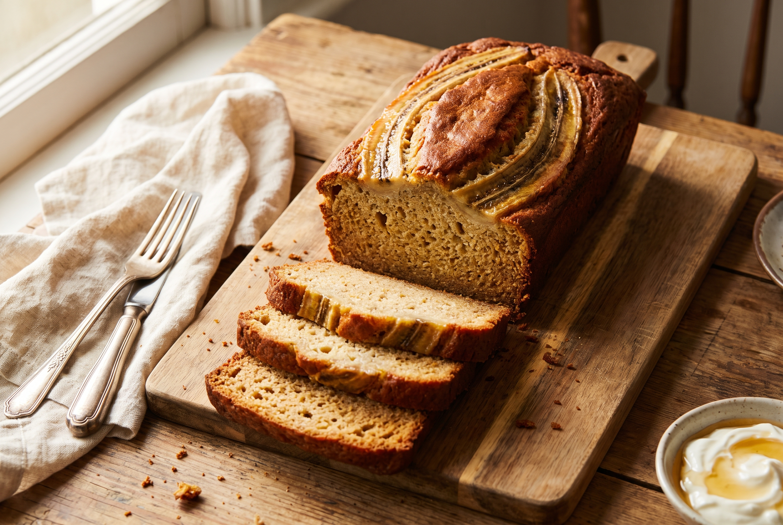 Greek yogurt banana bread loaf sliced on a wooden board with caramelized banana baked on top — easy healthy banana bread recipe