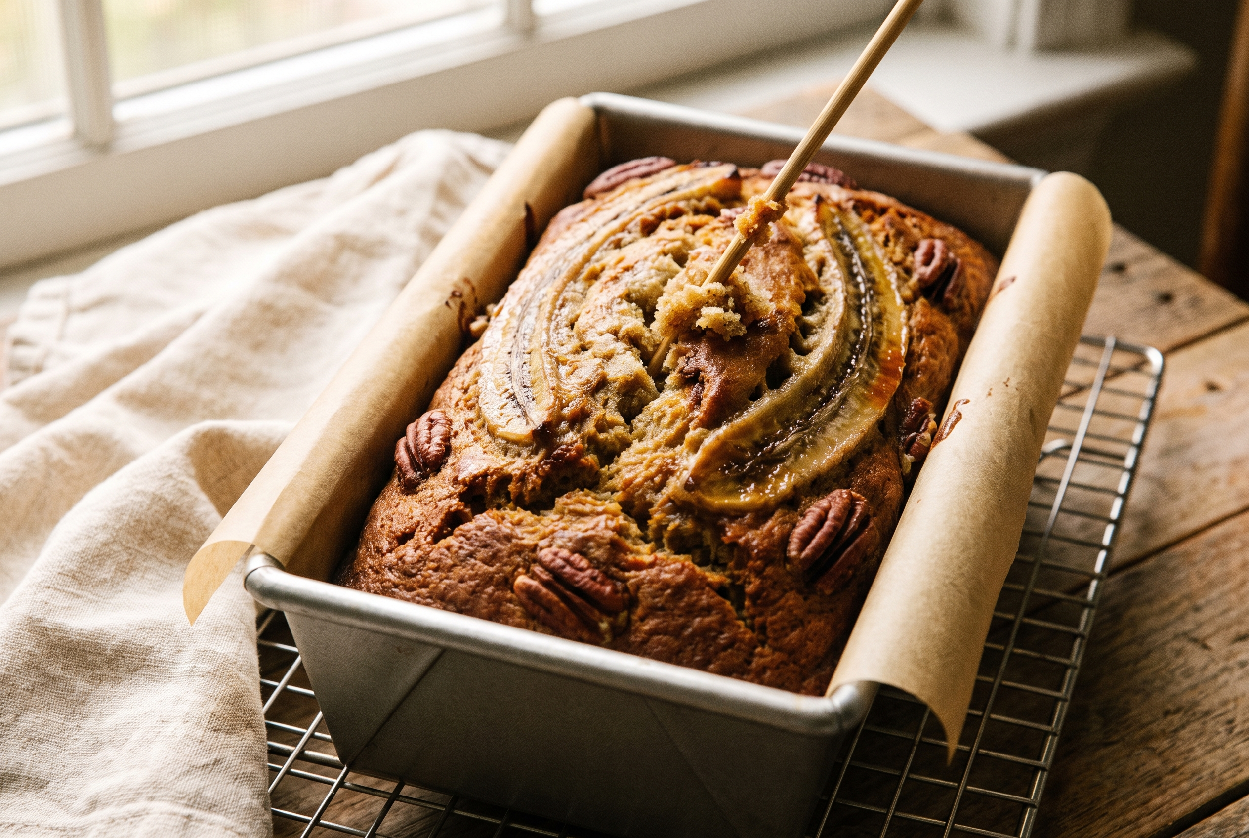 Baked greek yogurt banana bread cooling in its pan with a golden crack down the middle, skewer testing the center