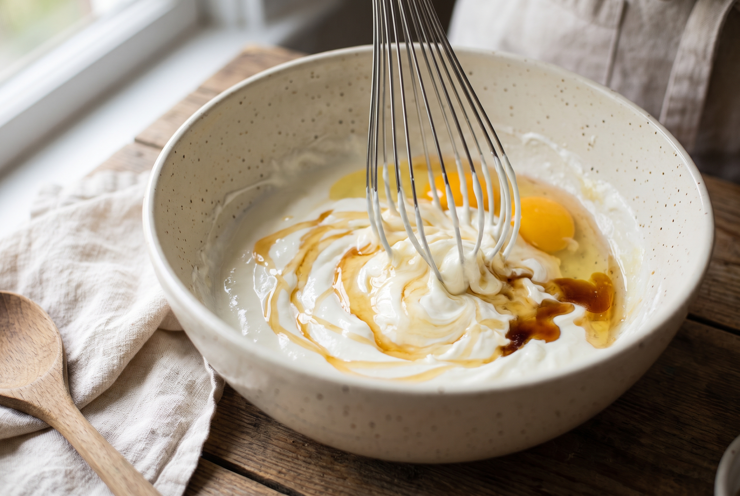 Greek yogurt, eggs, honey and vanilla being whisked into a smooth mixture for healthy banana bread batter