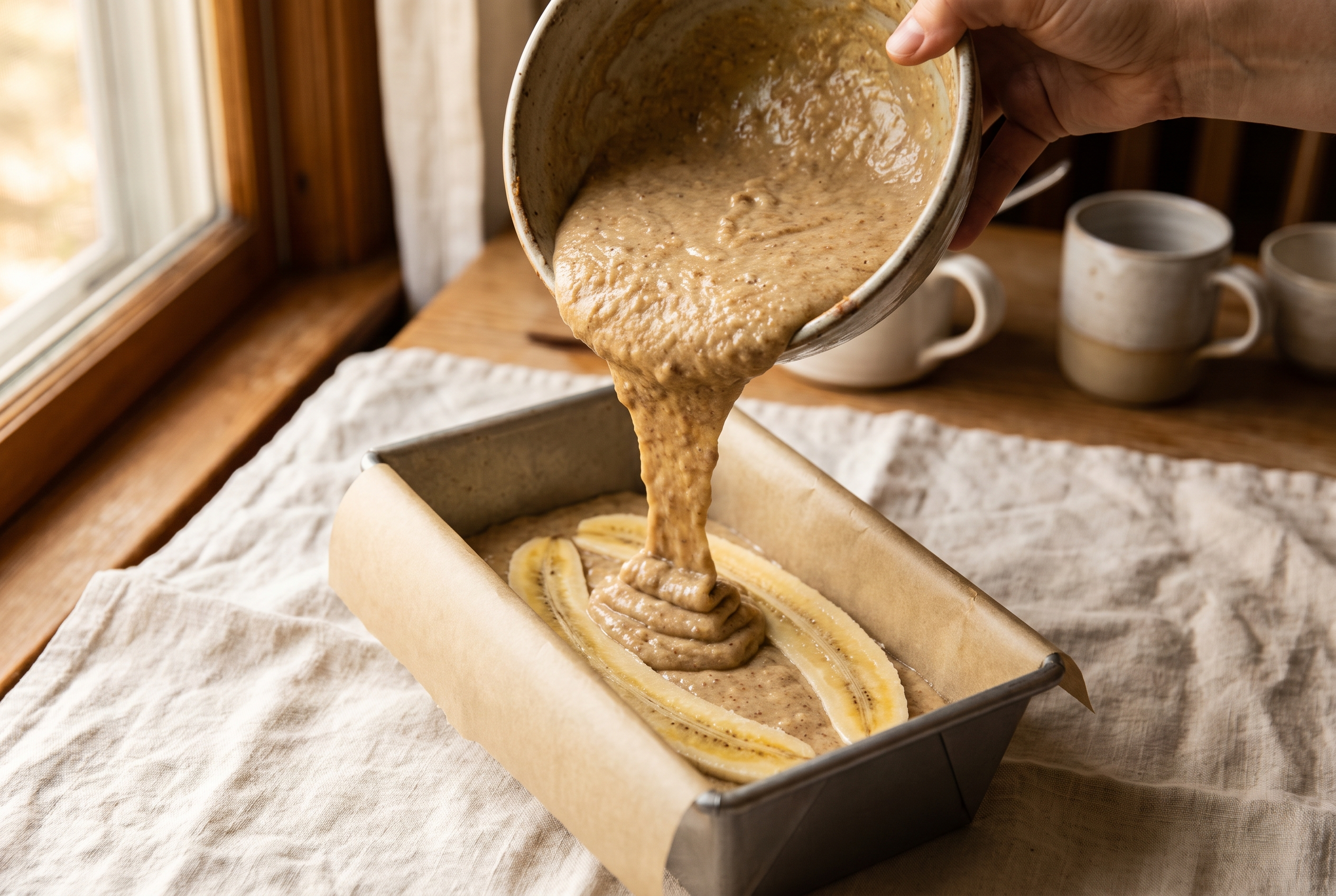 Banana bread batter being poured into a parchment-lined loaf pan with a halved banana placed on top