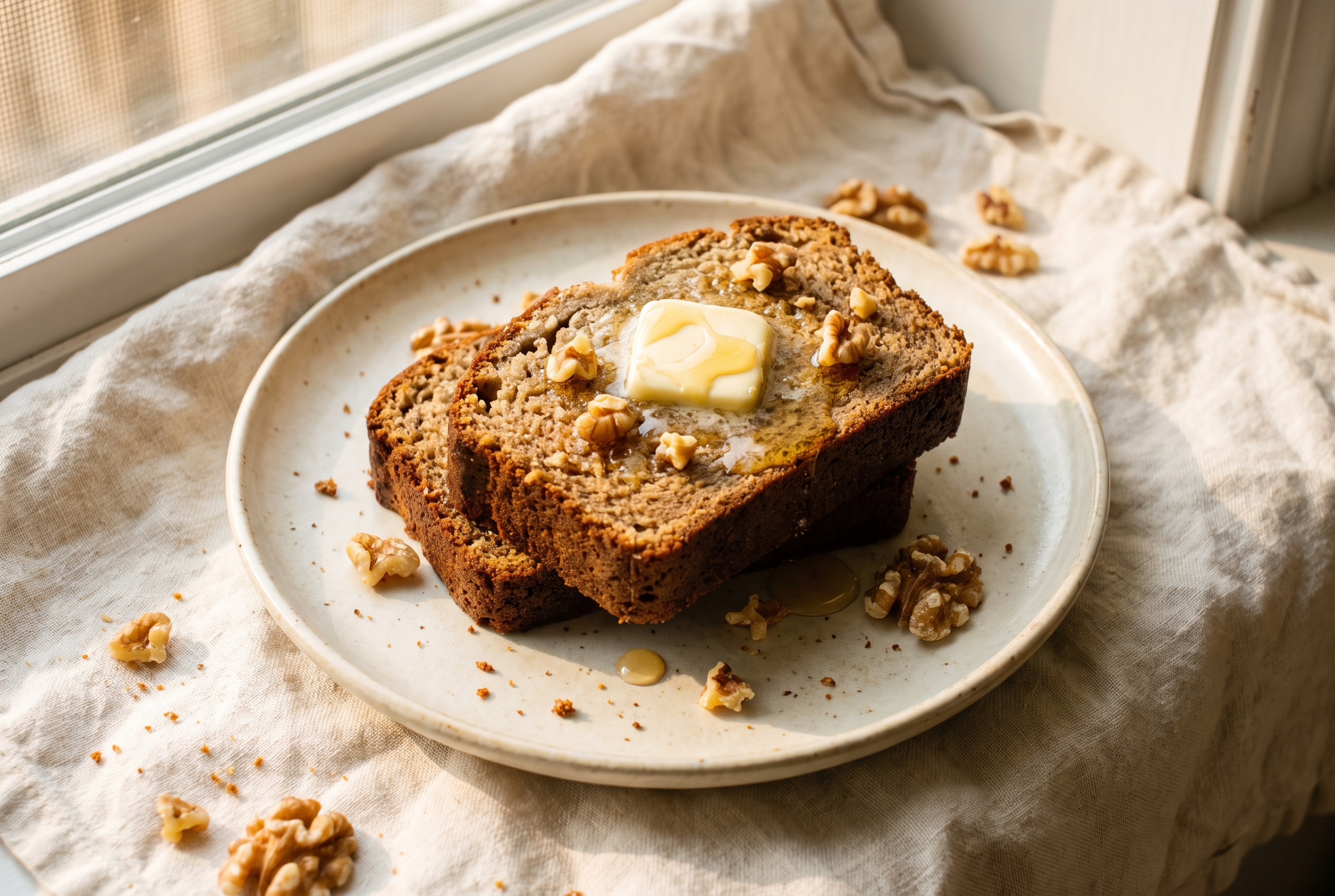 Two thick slices of greek yogurt banana bread on a cream plate with melting butter and a honey drizzle
