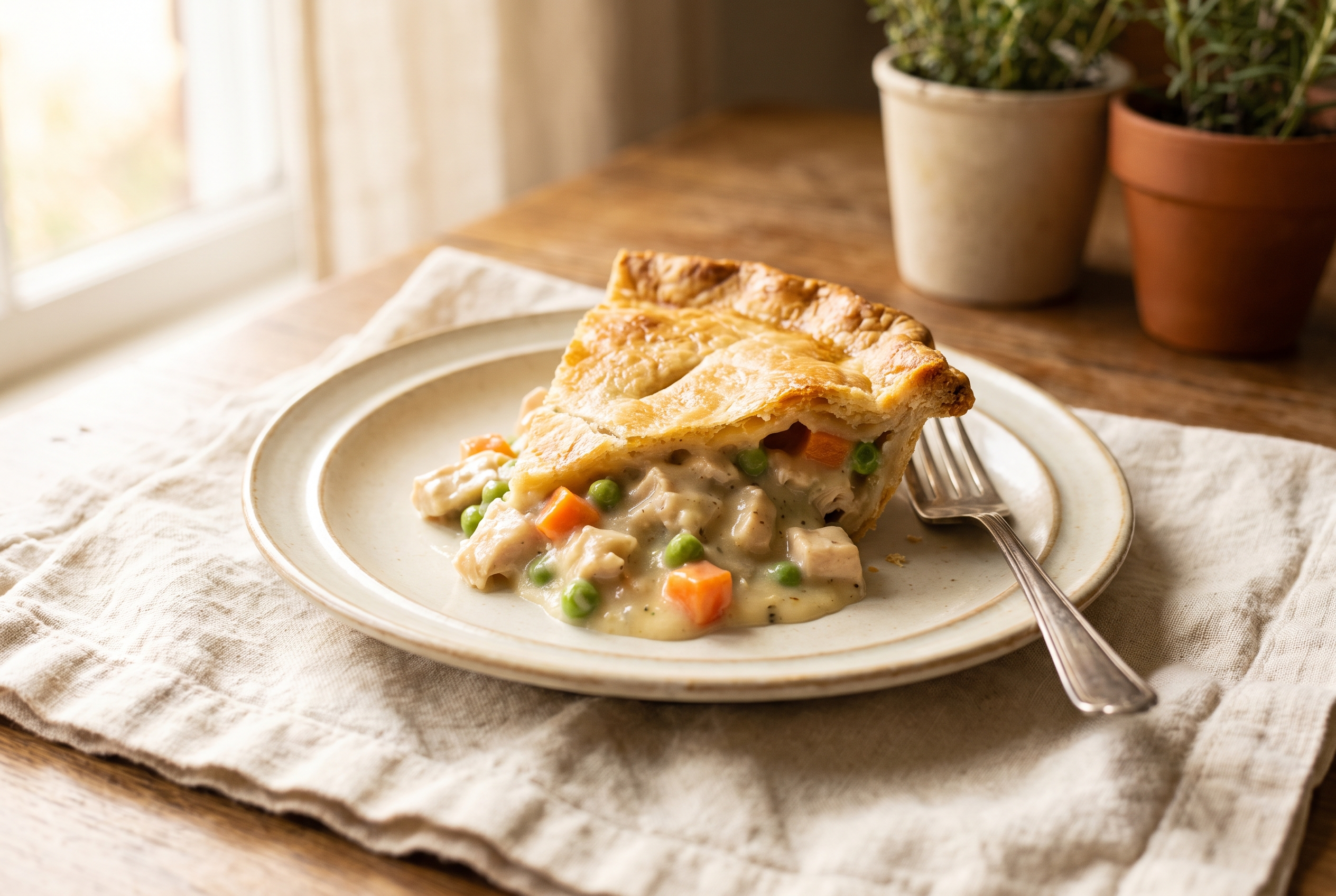 A plated slice of homemade chicken pot pie with golden flaky crust and creamy chicken, pea and carrot filling spilling onto a cream plate