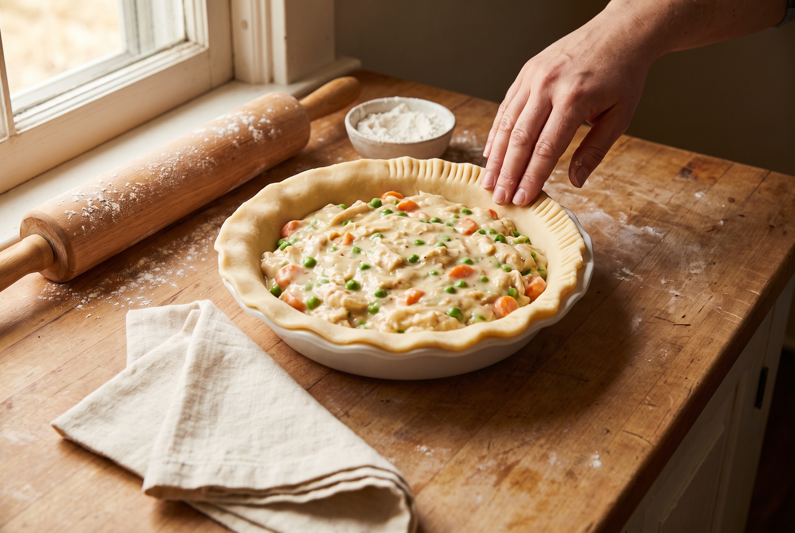 Pie dough being draped over a dish of creamy chicken filling and crimped at the edges for homemade chicken pot pie