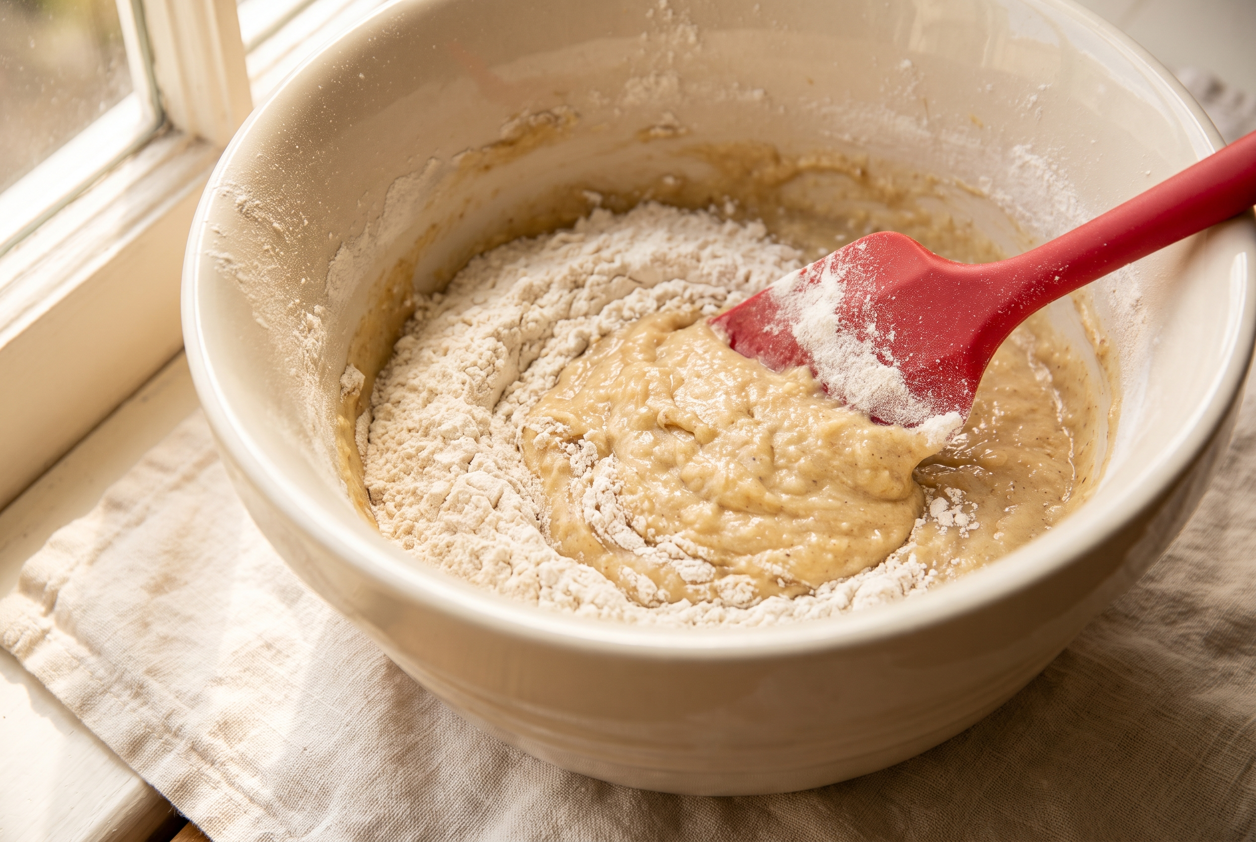 Flour mixture being gently folded into banana batter with a spatula, streaks of flour still visible