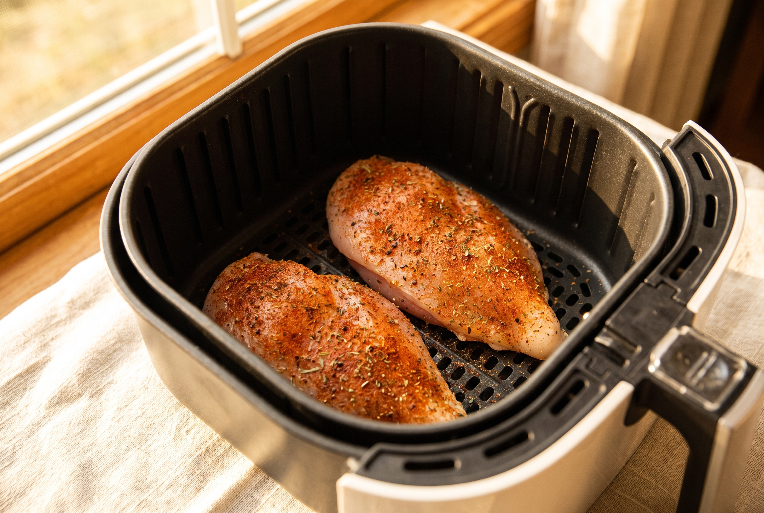 Seasoned chicken breasts arranged in a single layer in an air fryer basket before cooking