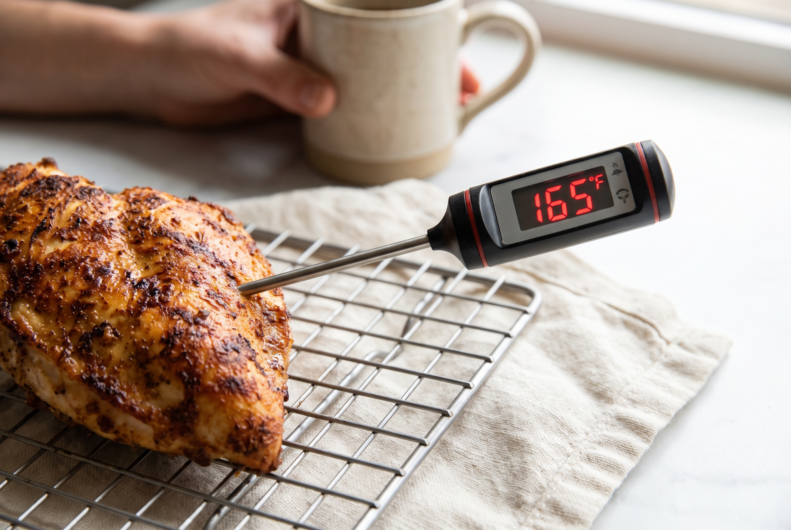 Instant-read thermometer inserted into a golden crusted air fryer chicken breast to check doneness