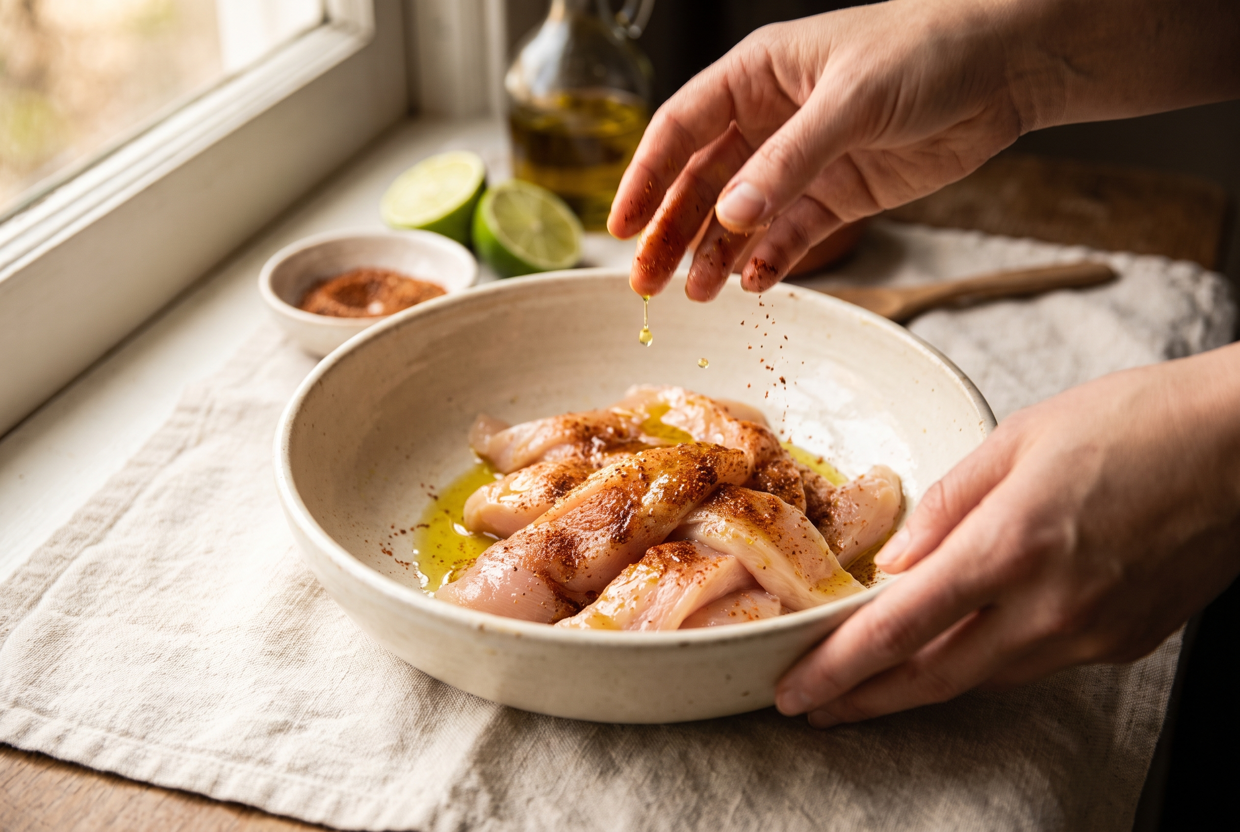 Chicken breast strips being tossed with olive oil, lime juice and a chili cumin spice mix for chicken burrito bowls