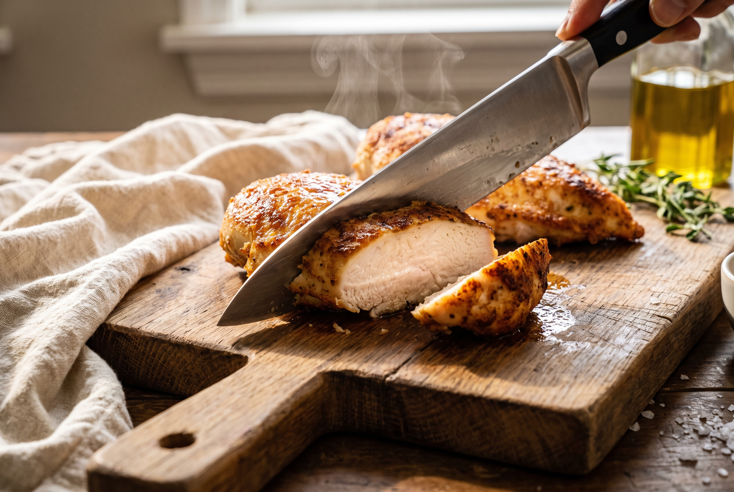Rested air fryer chicken breast being sliced on a wooden board showing a juicy white interior and golden crust
