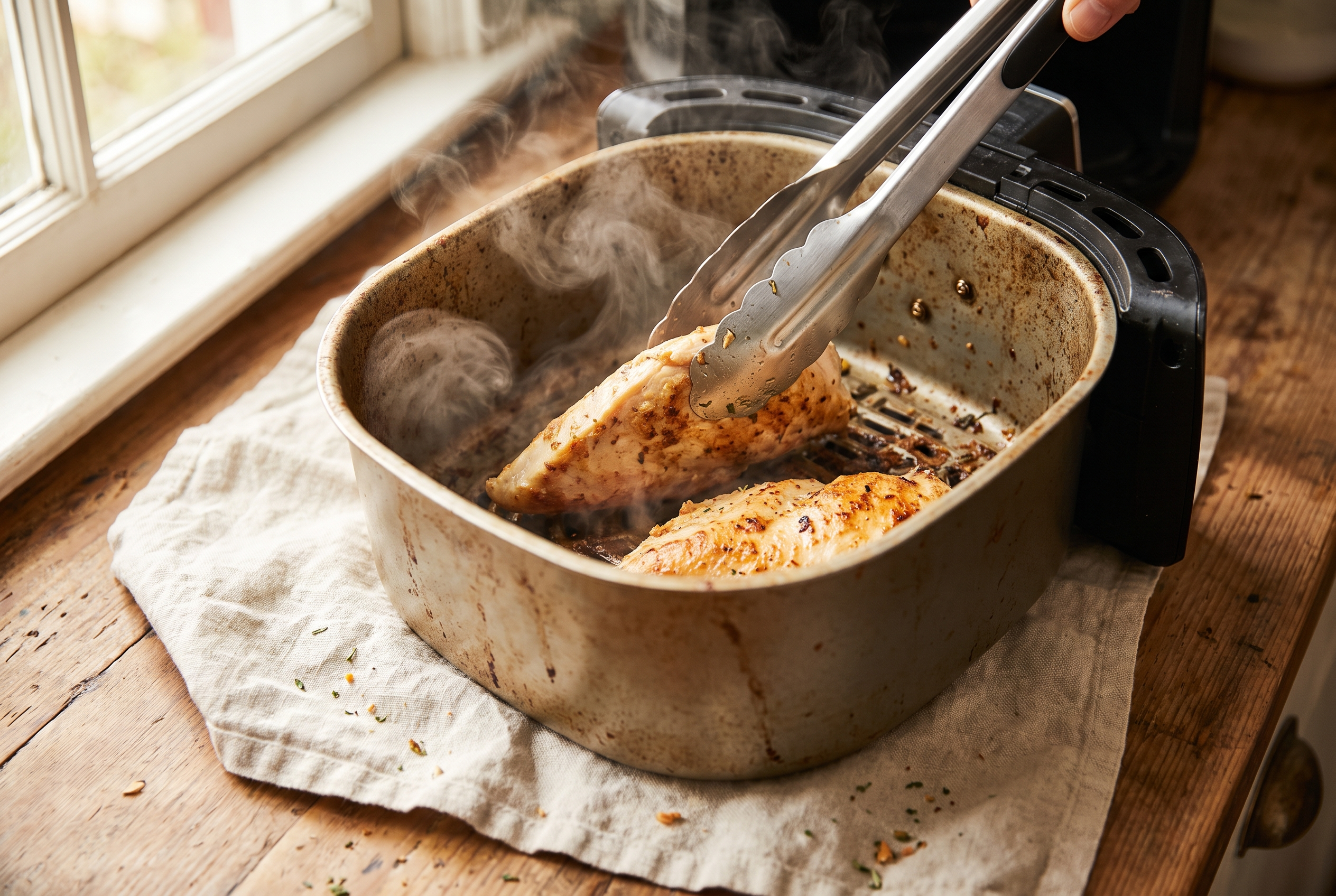 Tongs flipping golden partially cooked chicken breasts in an air fryer basket halfway through cooking