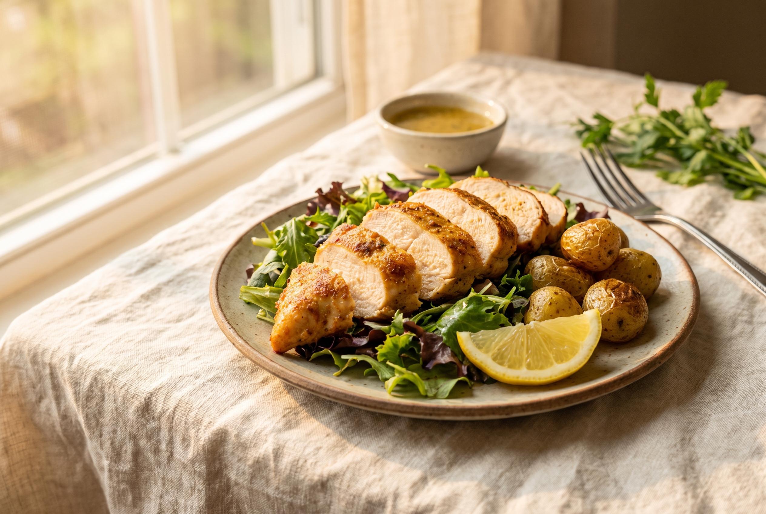 Sliced juicy air fryer chicken breast plated over a green salad with roasted potatoes and a lemon wedge — easy high protein dinner