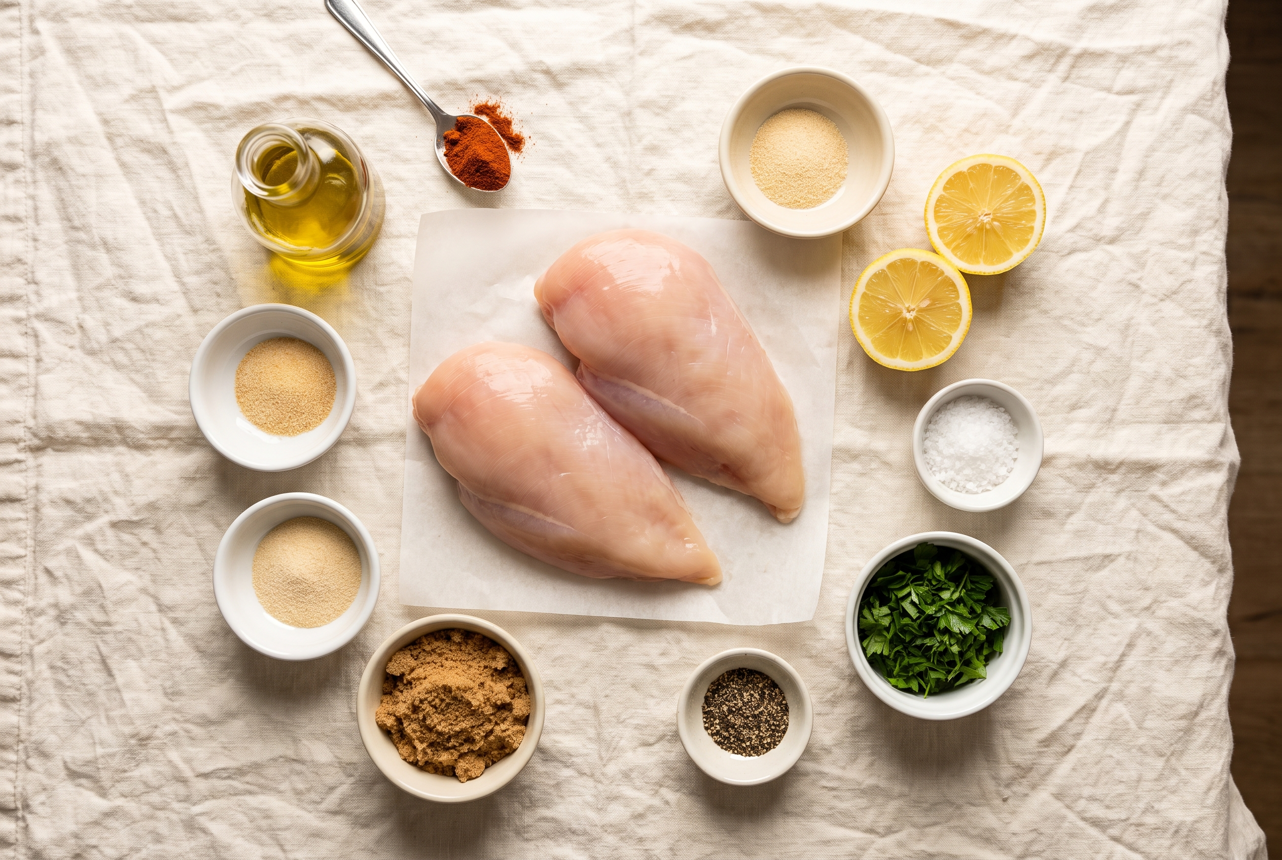 Ingredients for air fryer chicken breast portioned into small bowls — raw chicken breasts, olive oil, smoked paprika, garlic powder, onion powder, brown sugar, salt, pepper, lemon and parsley