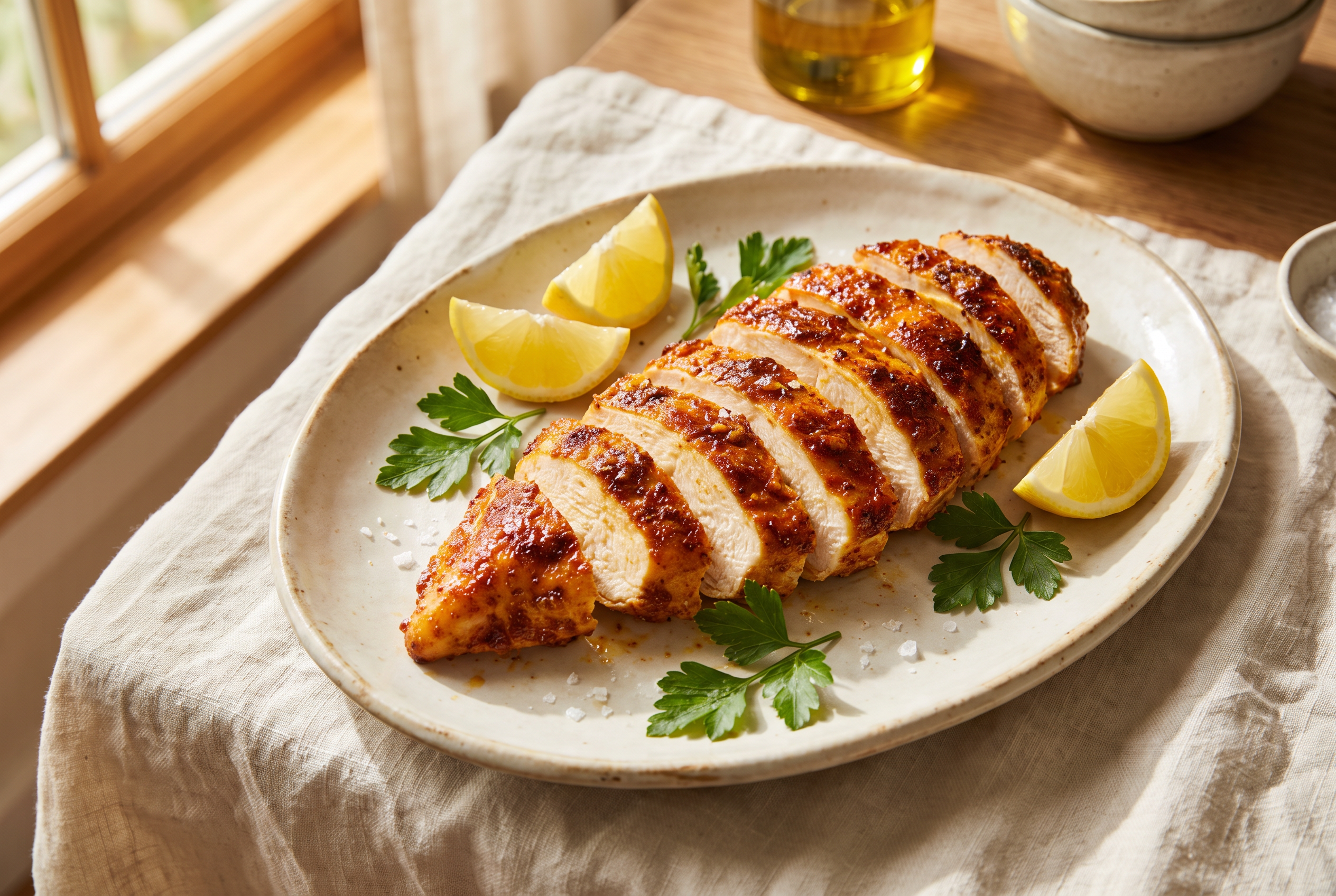 Juicy sliced air fryer chicken breast with a golden paprika garlic crust on a cream plate with lemon wedges and parsley — easy air fryer recipe