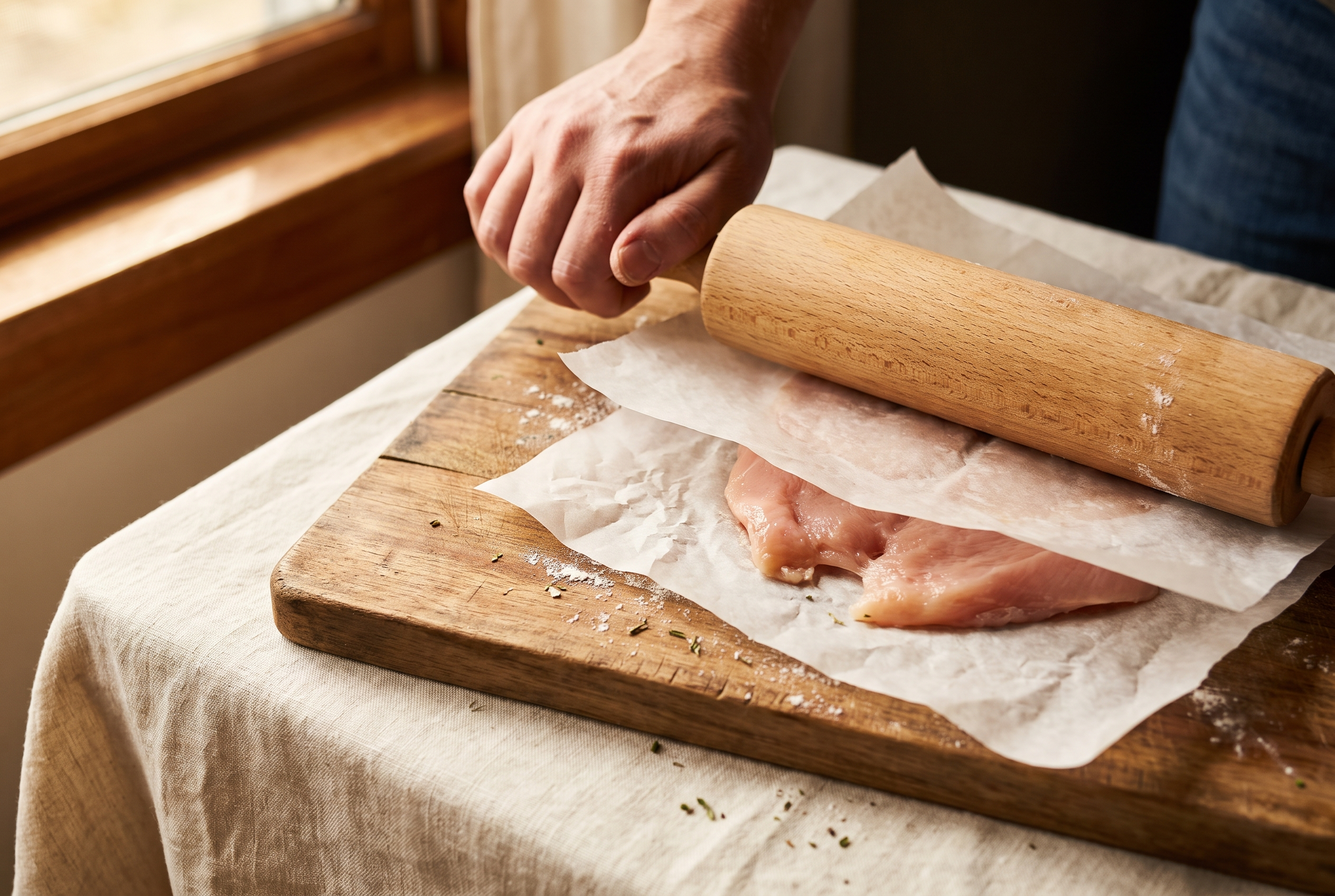 Pounding raw chicken breasts to an even thickness between parchment with a rolling pin for air fryer chicken breast