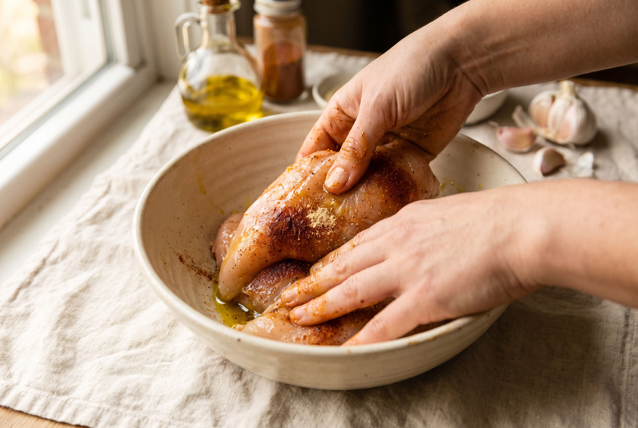 Rubbing chicken breasts with olive oil and a smoky paprika garlic spice rub in a bowl