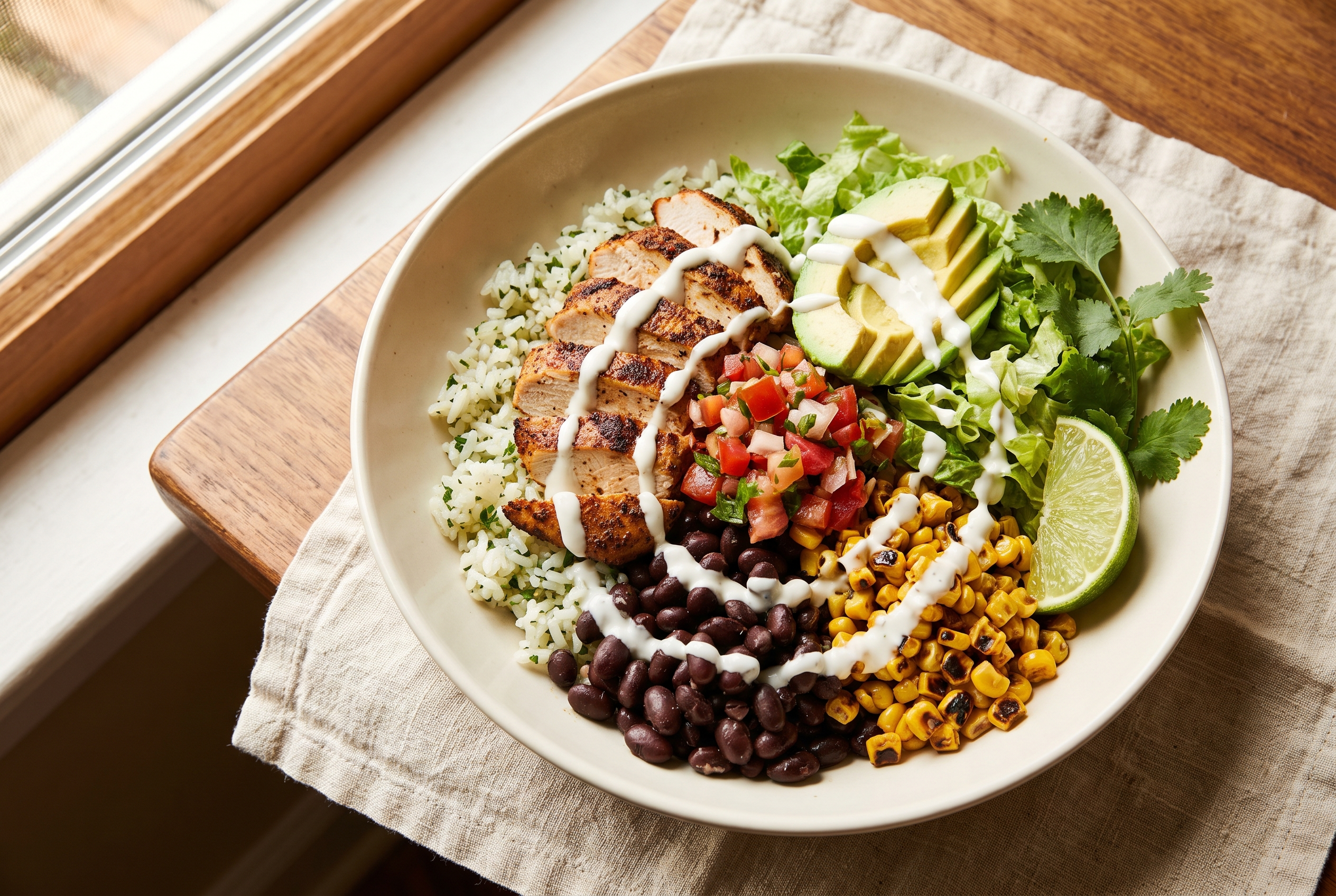 Healthy chicken burrito bowl with cilantro lime rice, chili-lime chicken, black beans, charred corn, pico de gallo, avocado and Greek yogurt crema — easy high protein healthy recipe