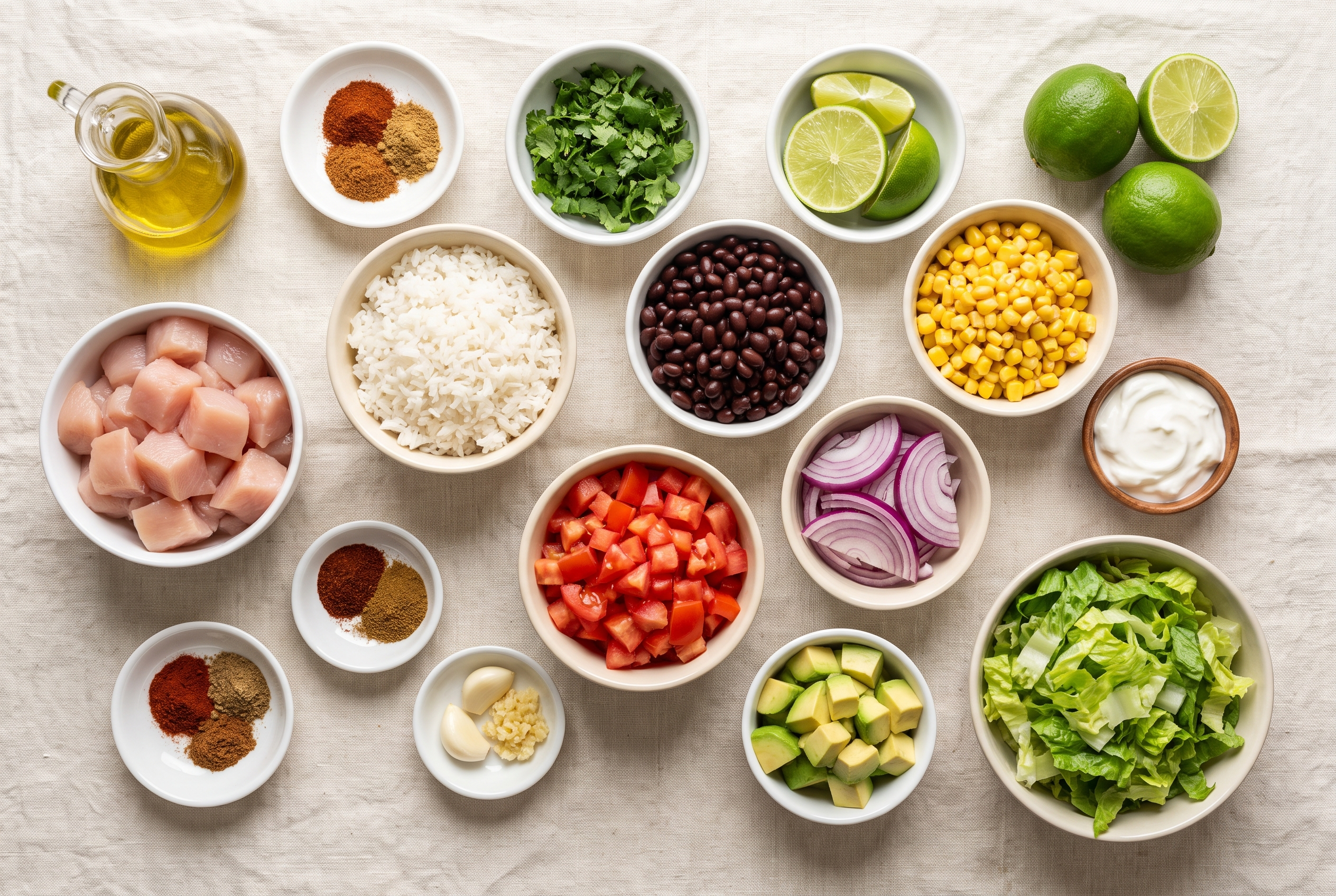 Ingredients for chicken burrito bowls portioned into small bowls — chicken breast, rice, cilantro, limes, black beans, corn, tomatoes, red onion, avocado, romaine, Greek yogurt and spices