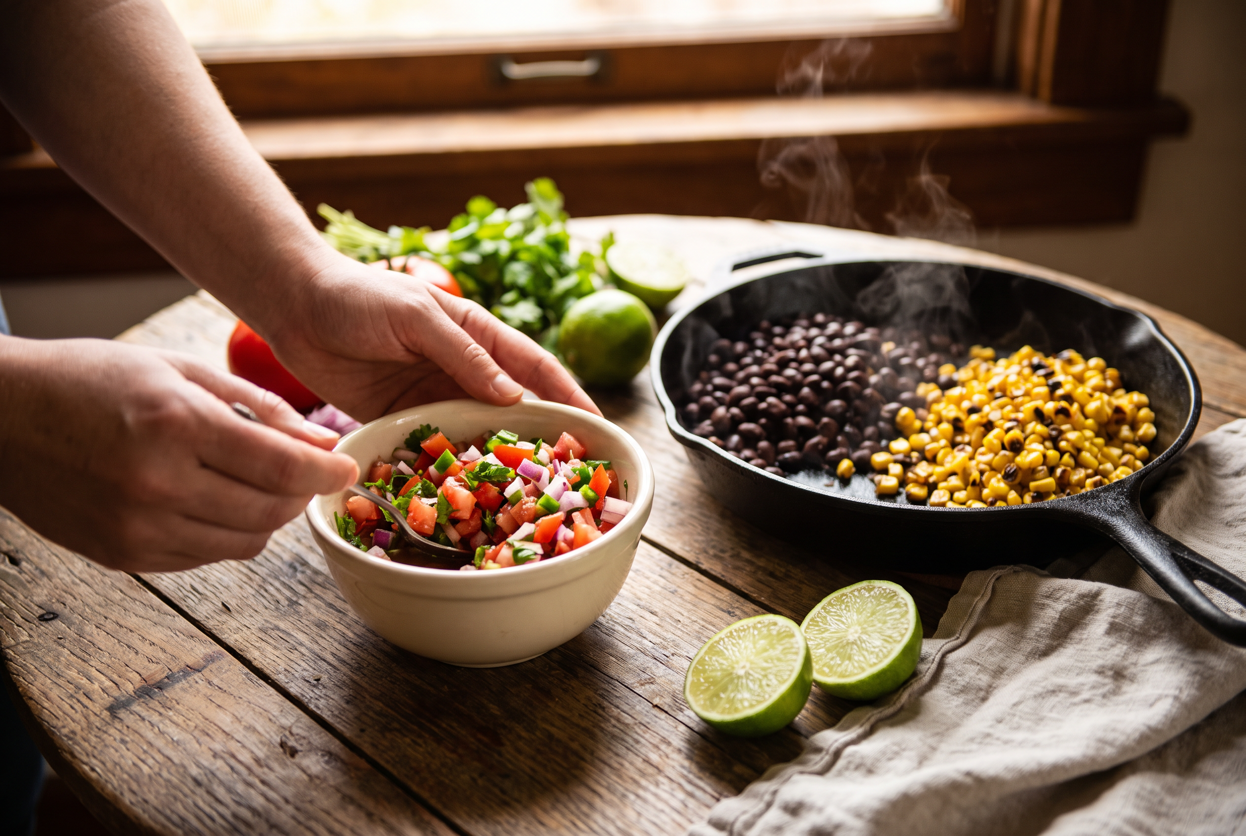 Mixing fresh pico de gallo in a bowl while black beans and charred corn warm in a skillet