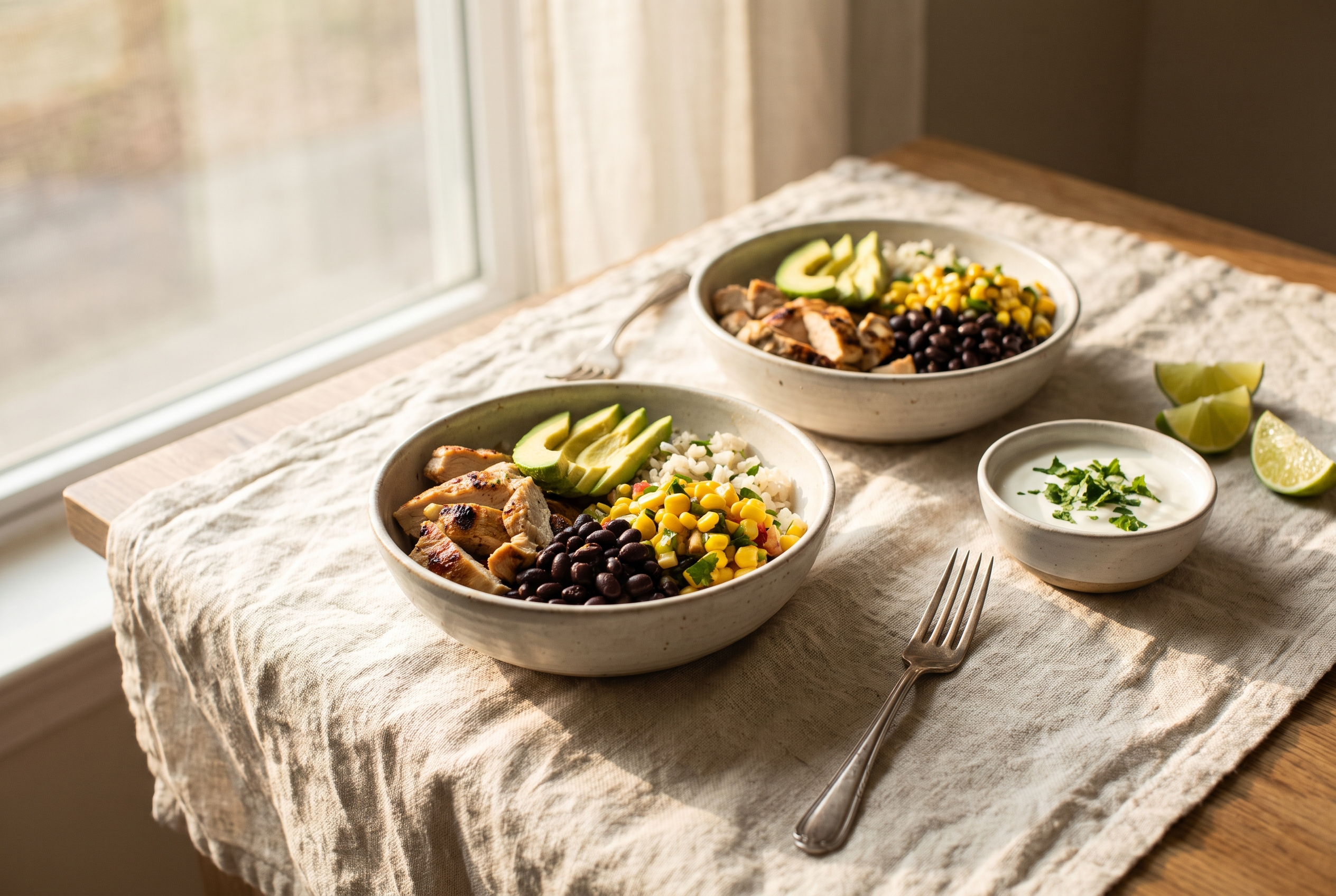 Two healthy chicken burrito bowls on cream linen with lime wedges and a small bowl of Greek yogurt crema — easy 30-minute high protein dinner