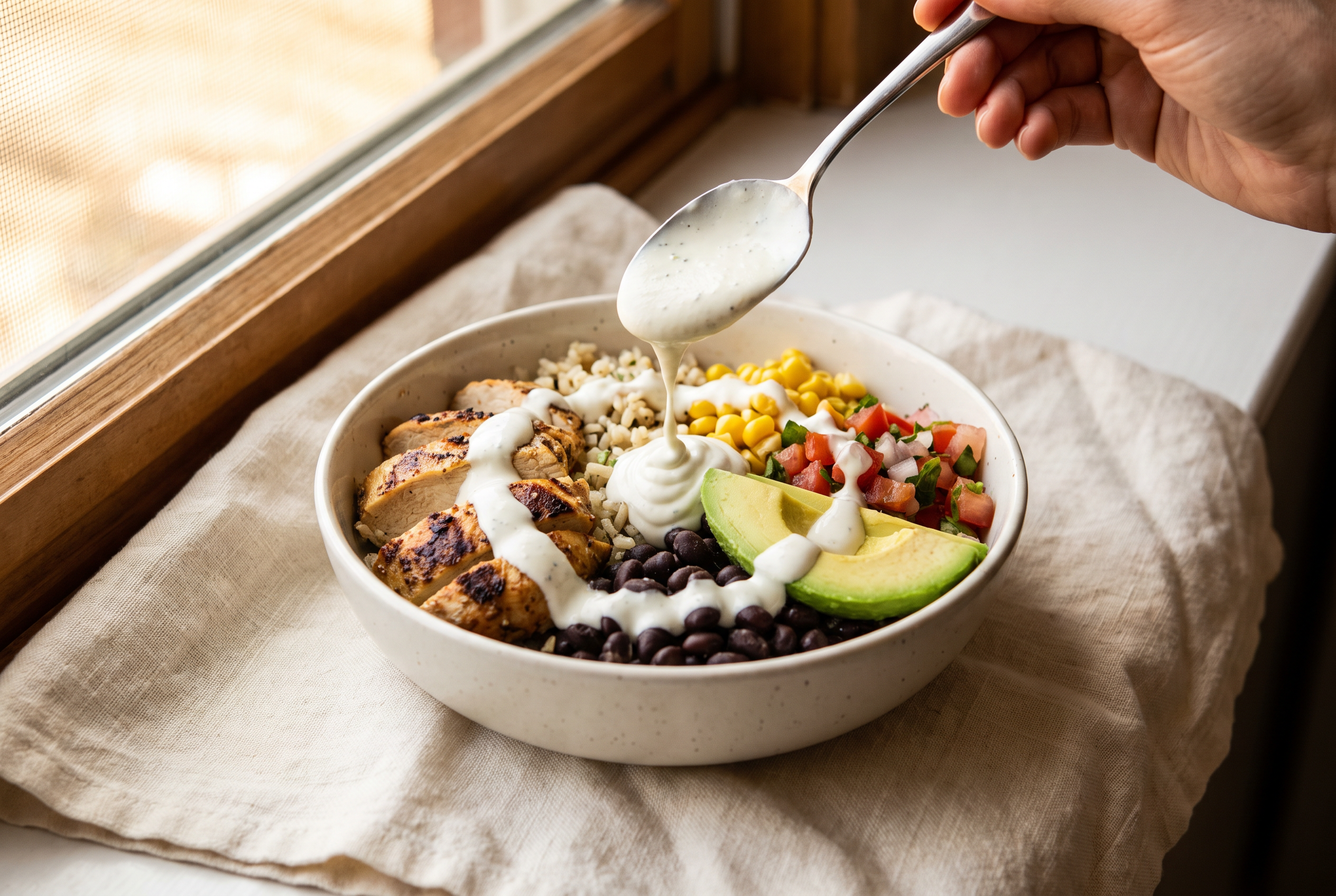 Greek yogurt lime crema being drizzled over a finished chicken burrito bowl topped with avocado and pico de gallo