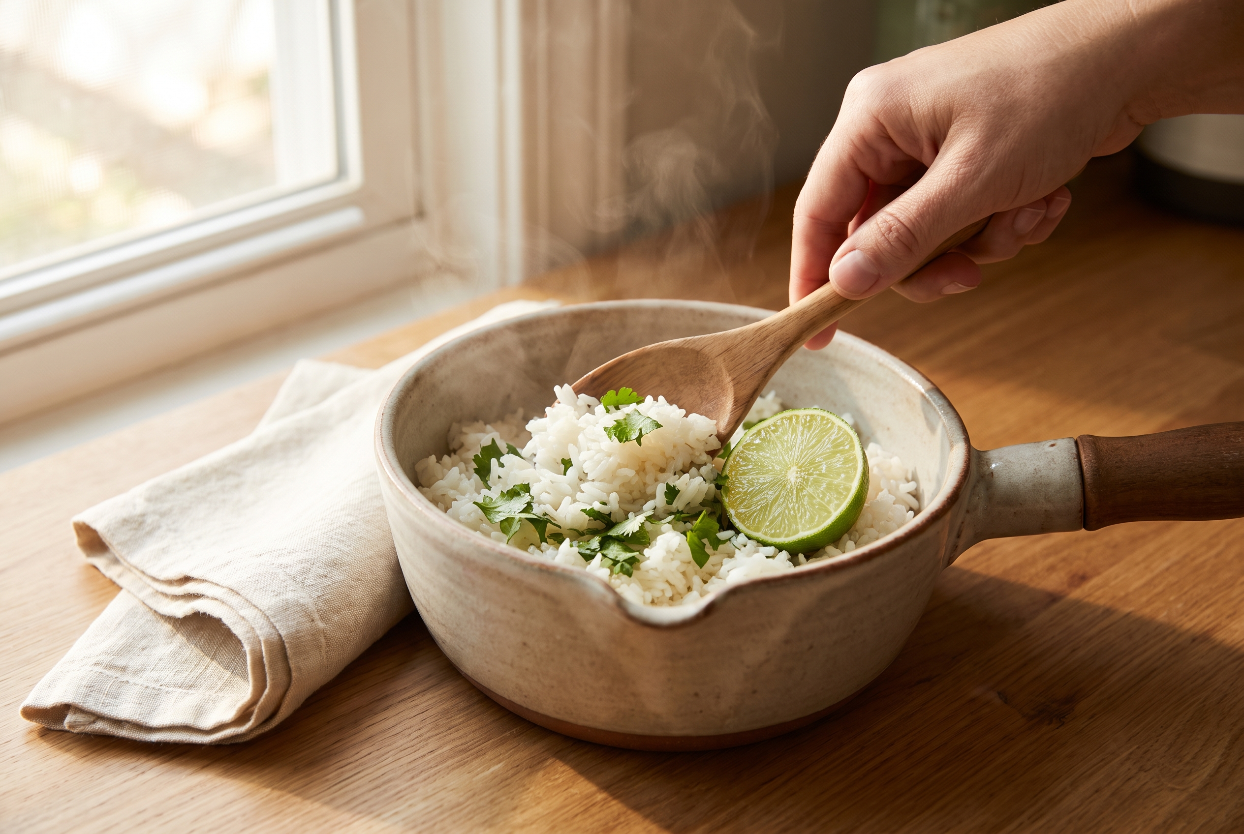 Fluffy rice being stirred with chopped cilantro and fresh lime juice for cilantro lime rice