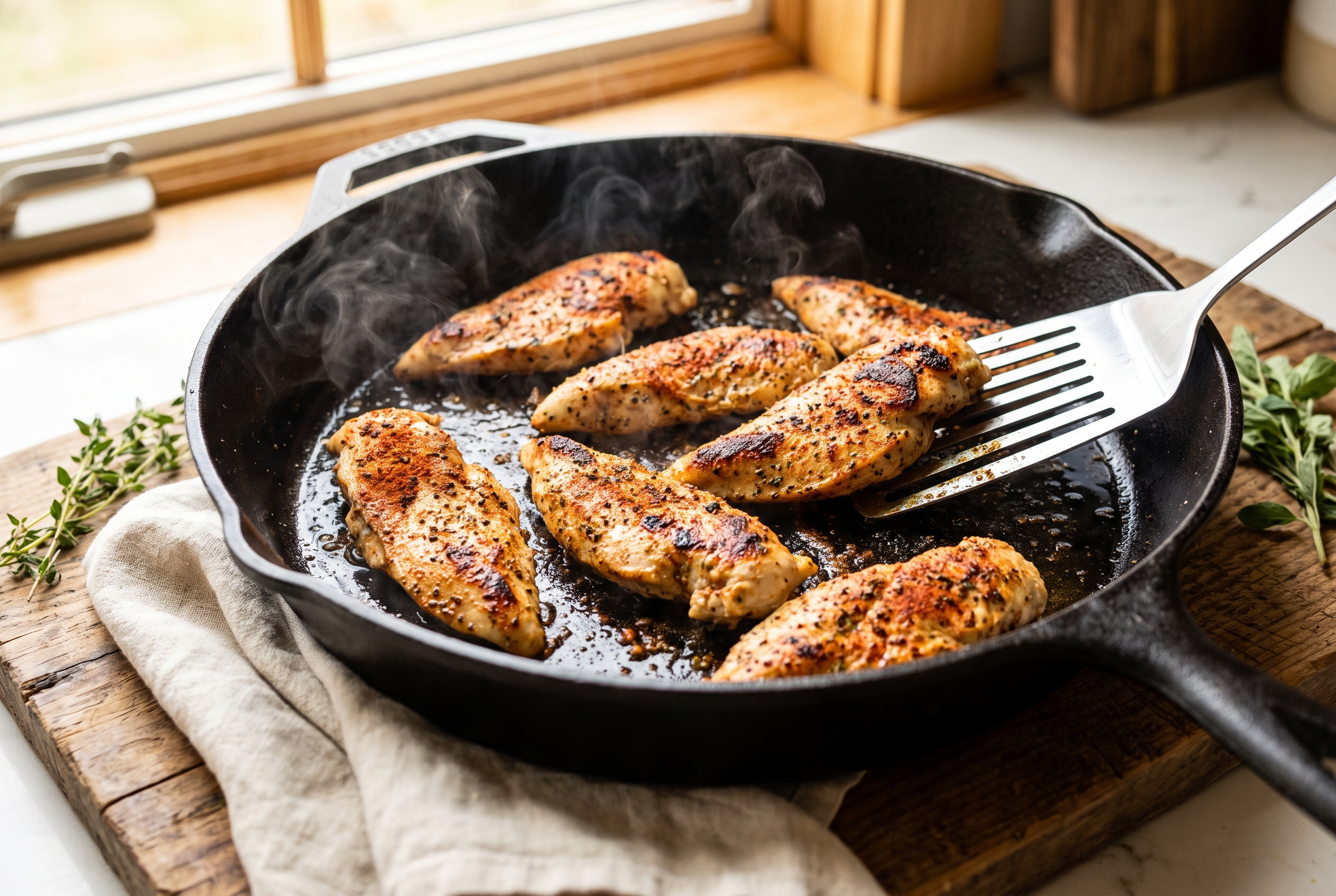Seasoned chicken strips searing in a hot cast iron skillet with charred edges for burrito bowls