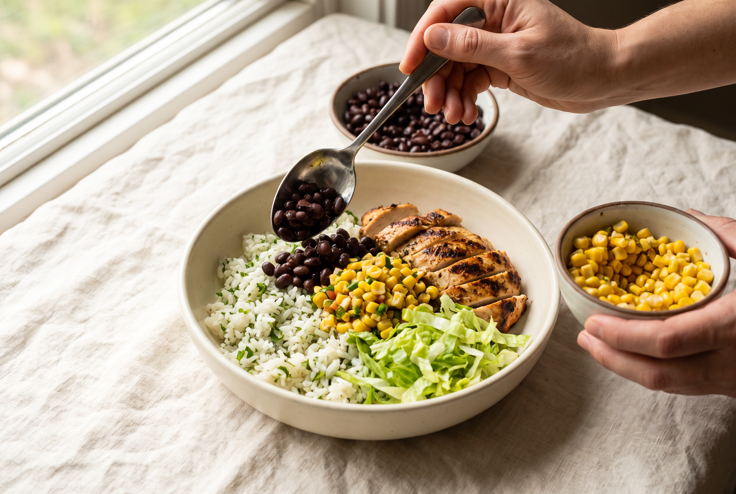 Assembling a chicken burrito bowl over cilantro lime rice with sliced chicken, black beans, corn and lettuce