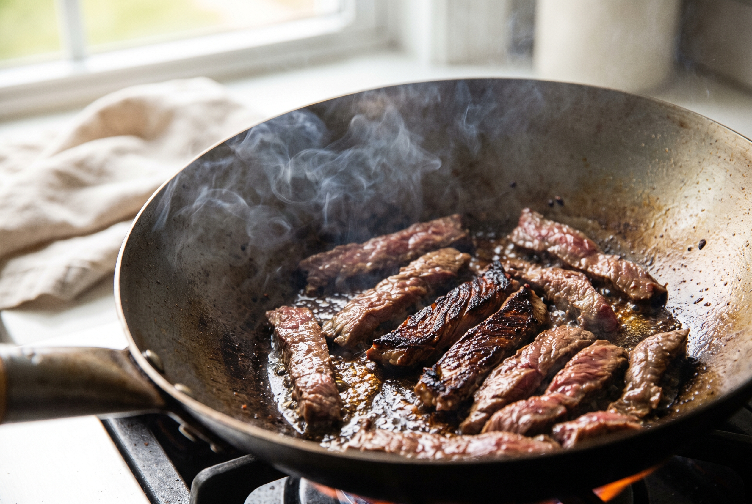 Sliced flank steak searing in a single layer in a very hot wok with caramelized brown edges
