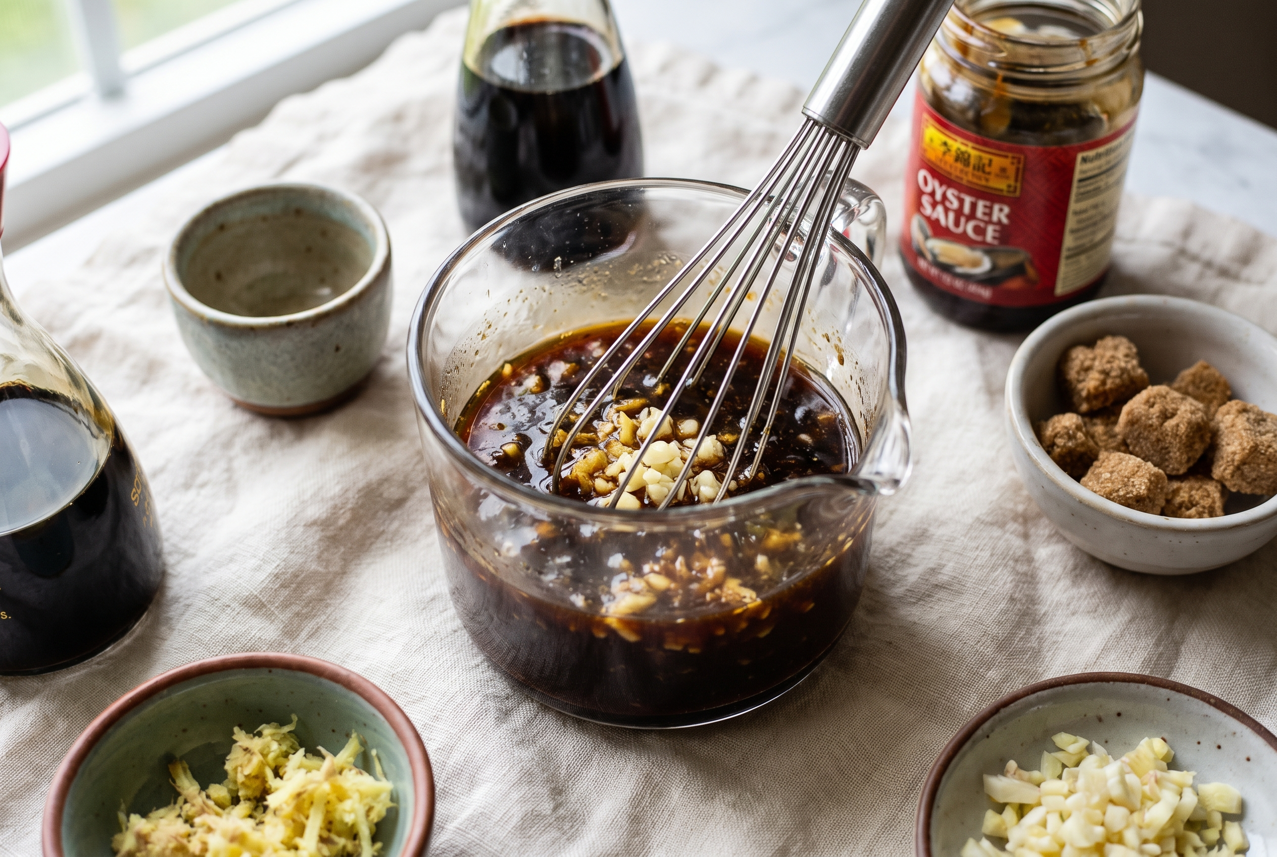 Whisking the beef and broccoli stir fry sauce — soy sauce, oyster sauce, brown sugar, garlic and ginger in a glass jug